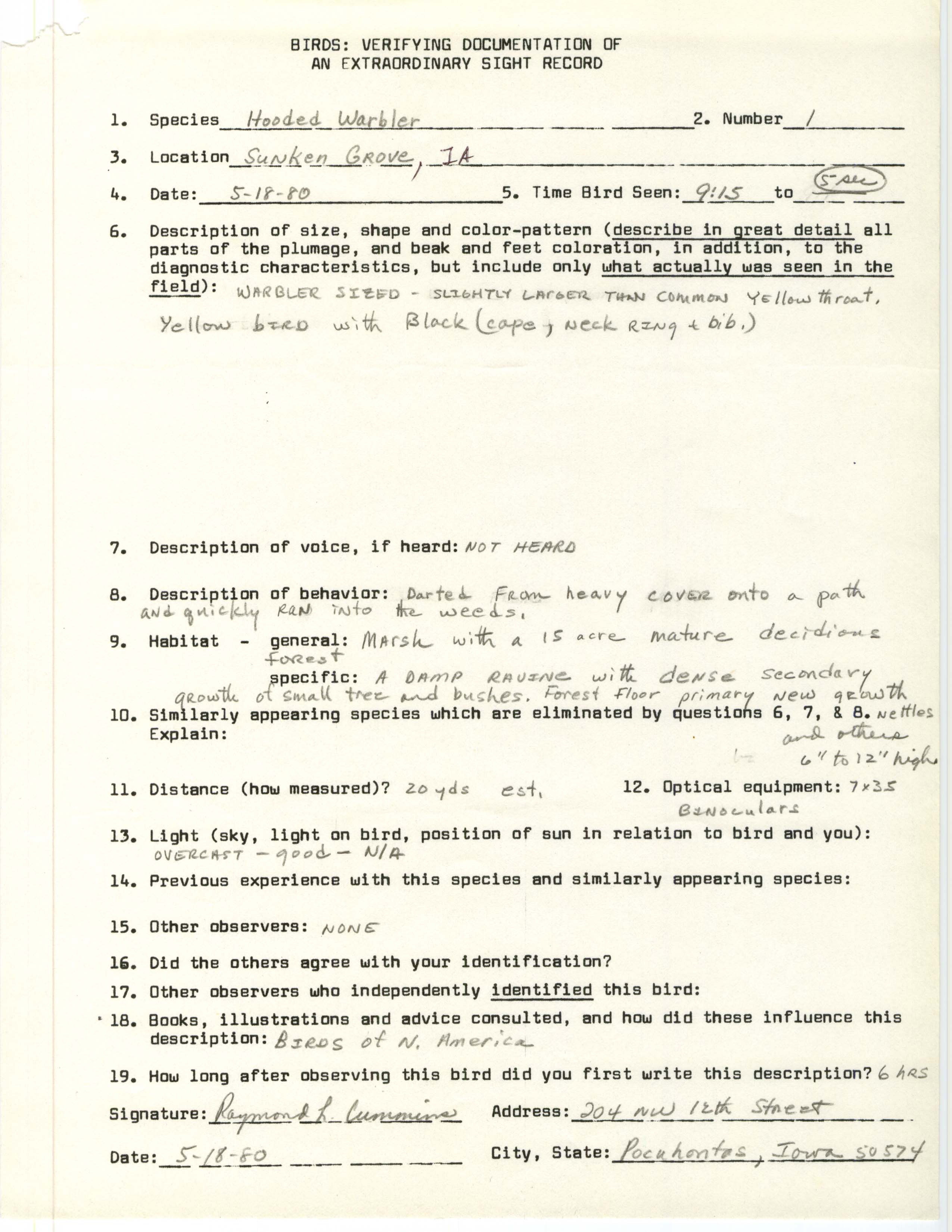 Rare bird documentation form for Hooded Warbler at Sunken Grove, 1980