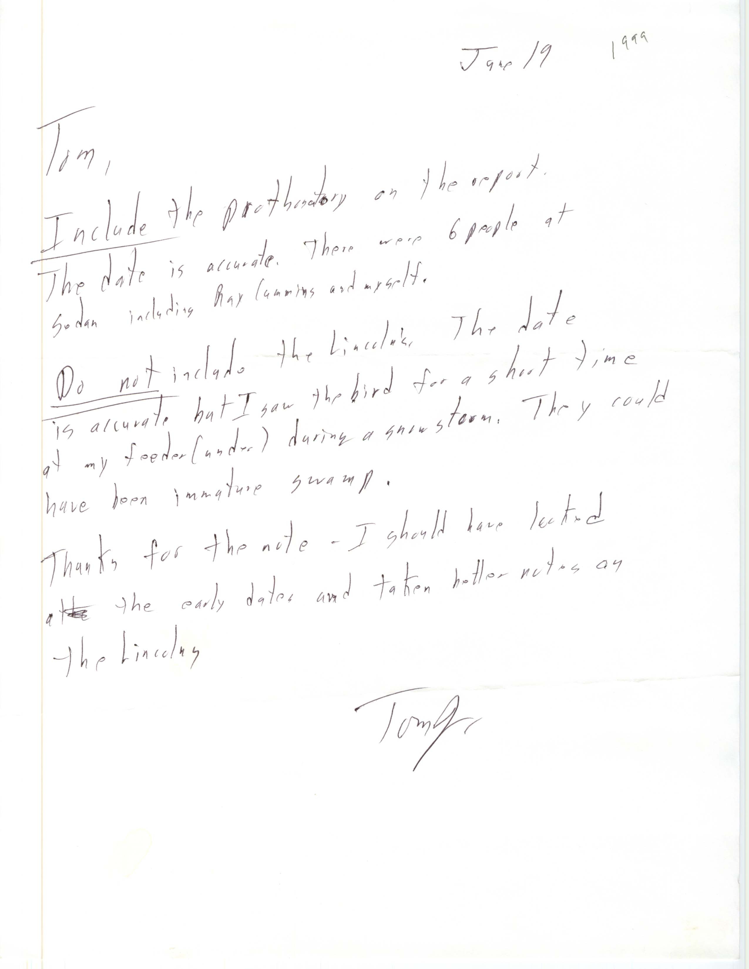 Thomas Johnson letter to Thomas Kent regarding bird sightings, June 19, 1999
