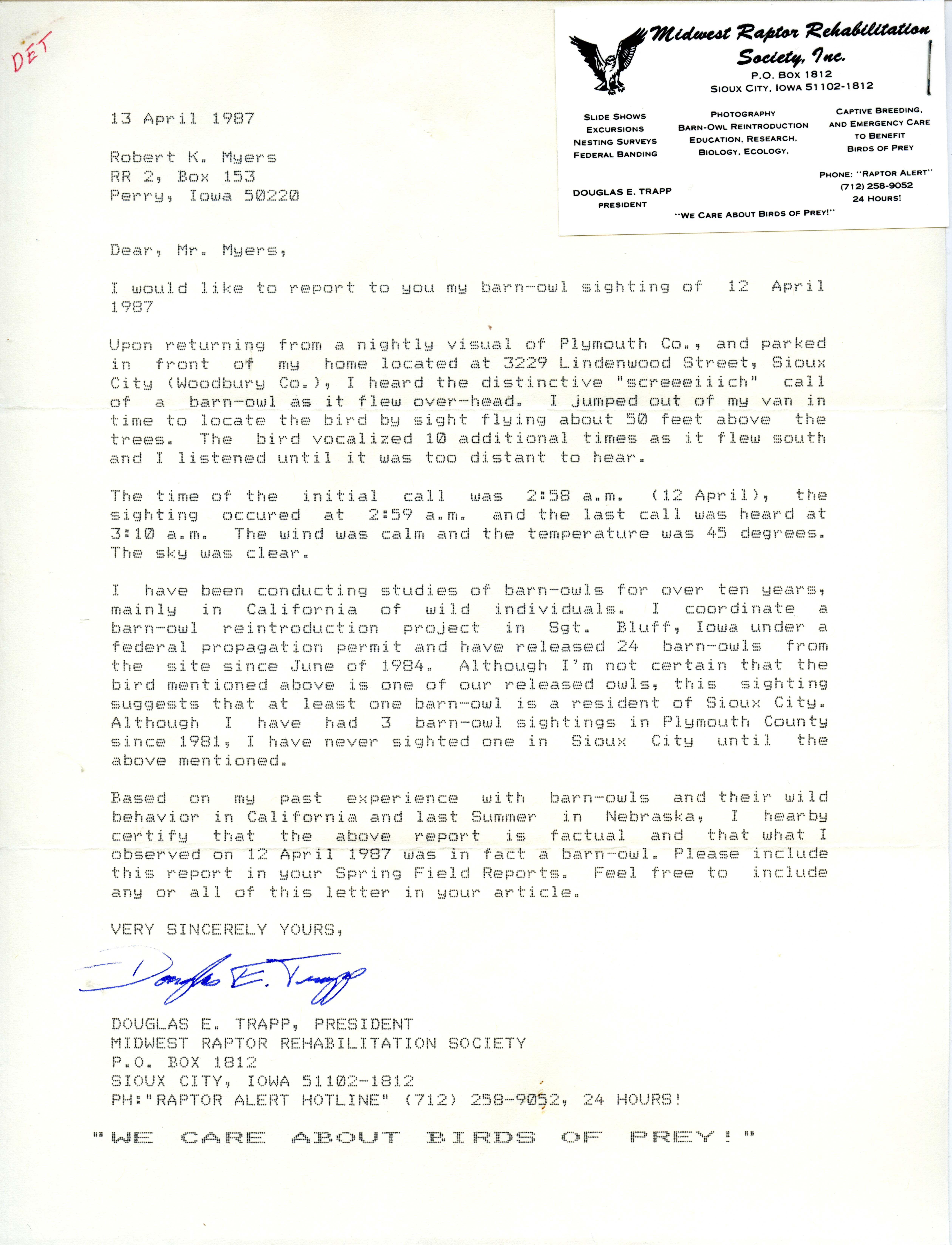 Douglas E. Trapp letter to Robert K. Myers regarding a bird sighting, April 13, 1987