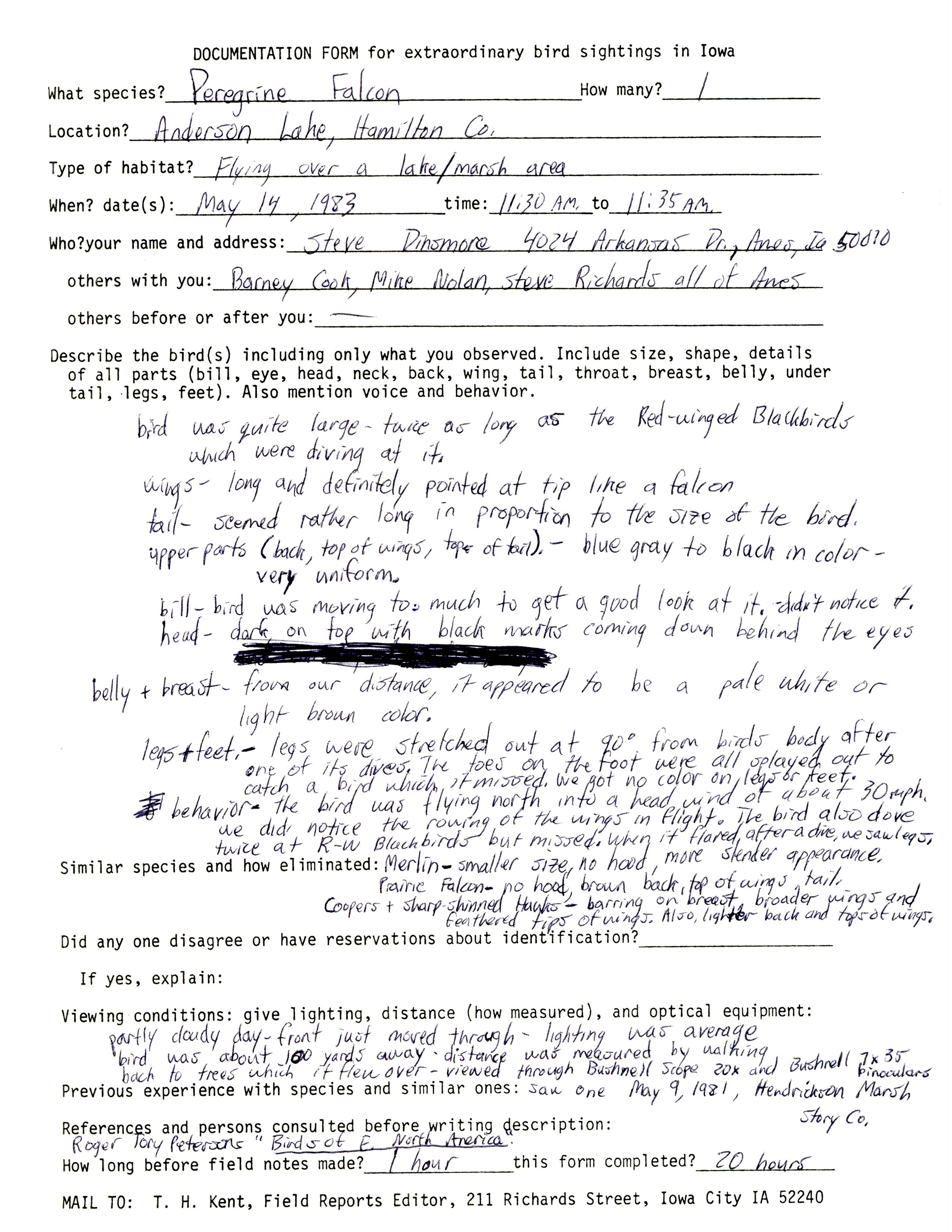 Rare bird documentation form for Peregrine Falcon at Anderson Goose Lake, 1983