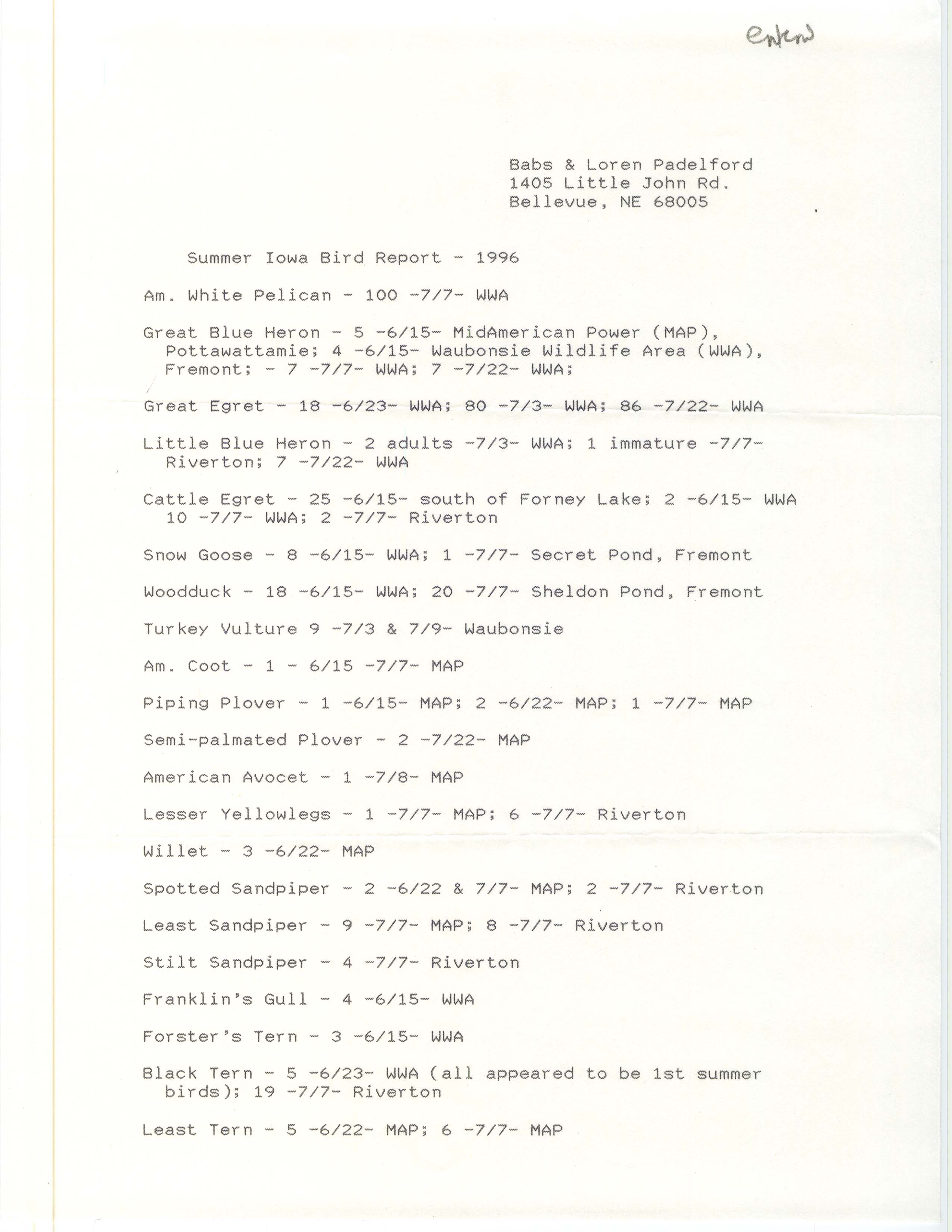 Field notes contributed by Babs Padelford and Loren Padelford, summer 1996
