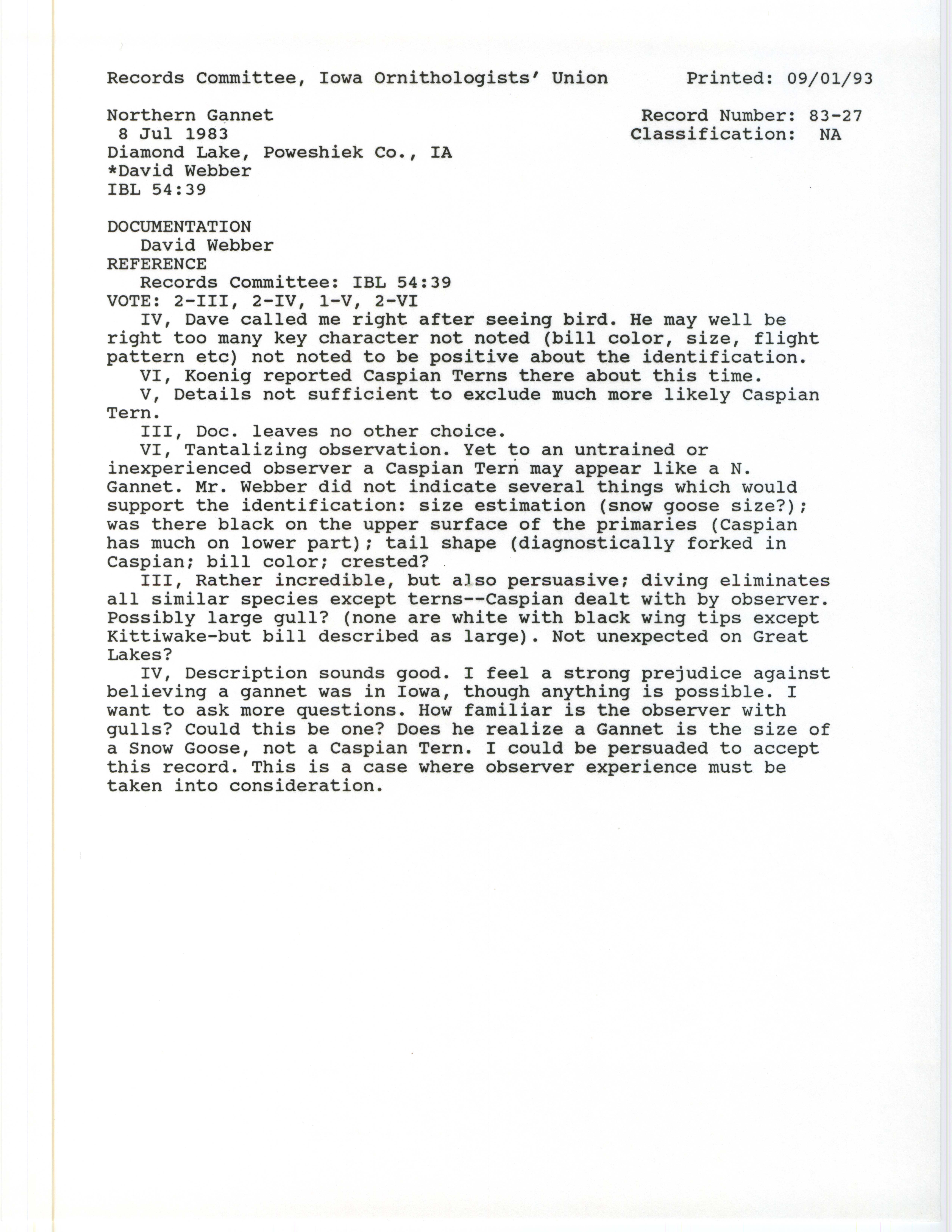 Records Committee review for rare bird sighting of Northern Gannet at Diamond Lake, 1983
