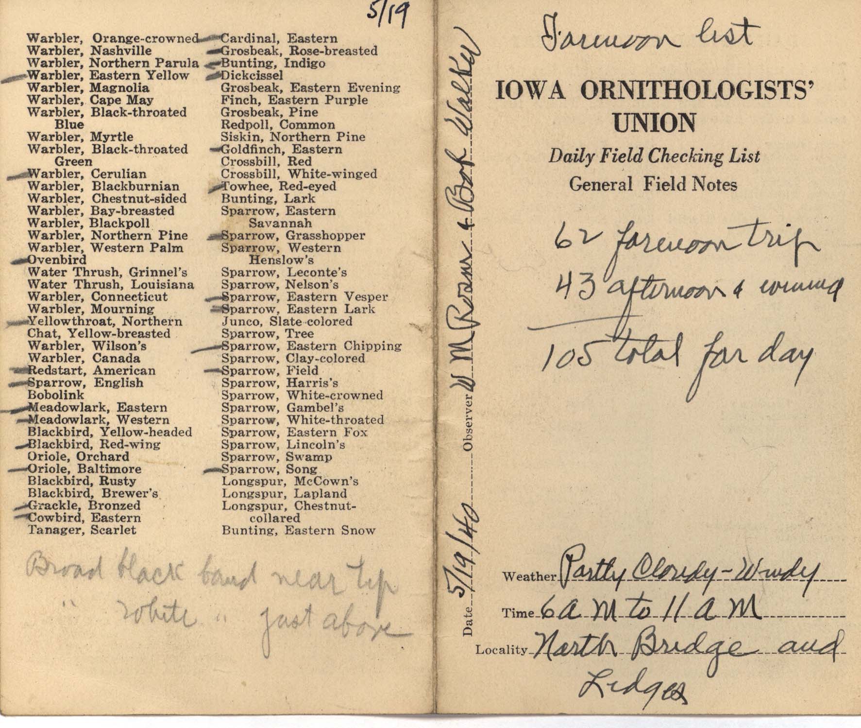 Daily field checking list by Walter Rosene, May 19, 1940