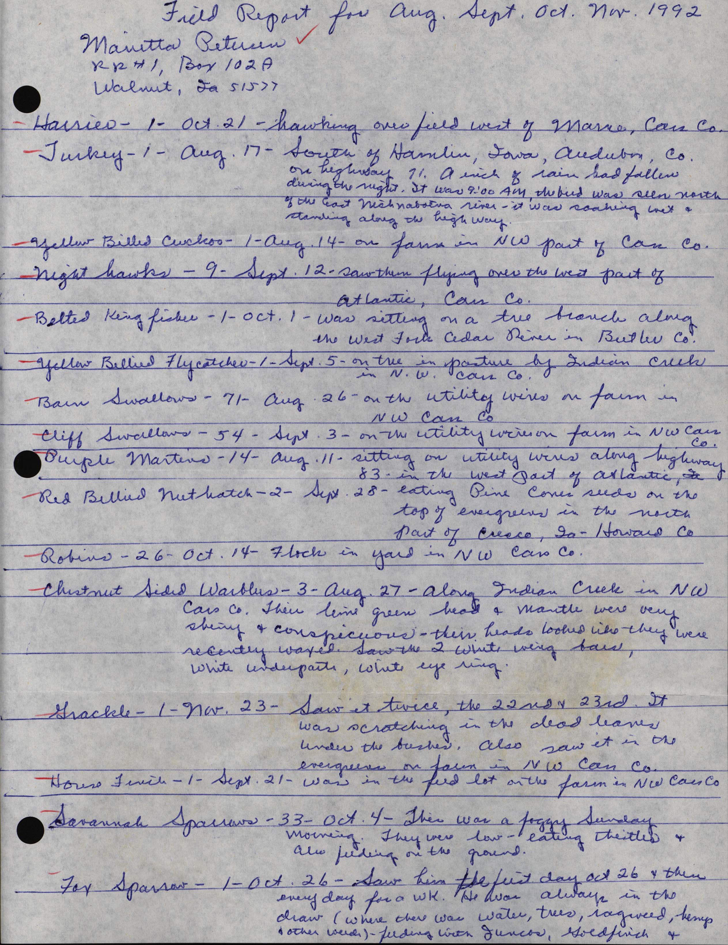 Field notes contributed by Marietta A. Petersen, fall 1992