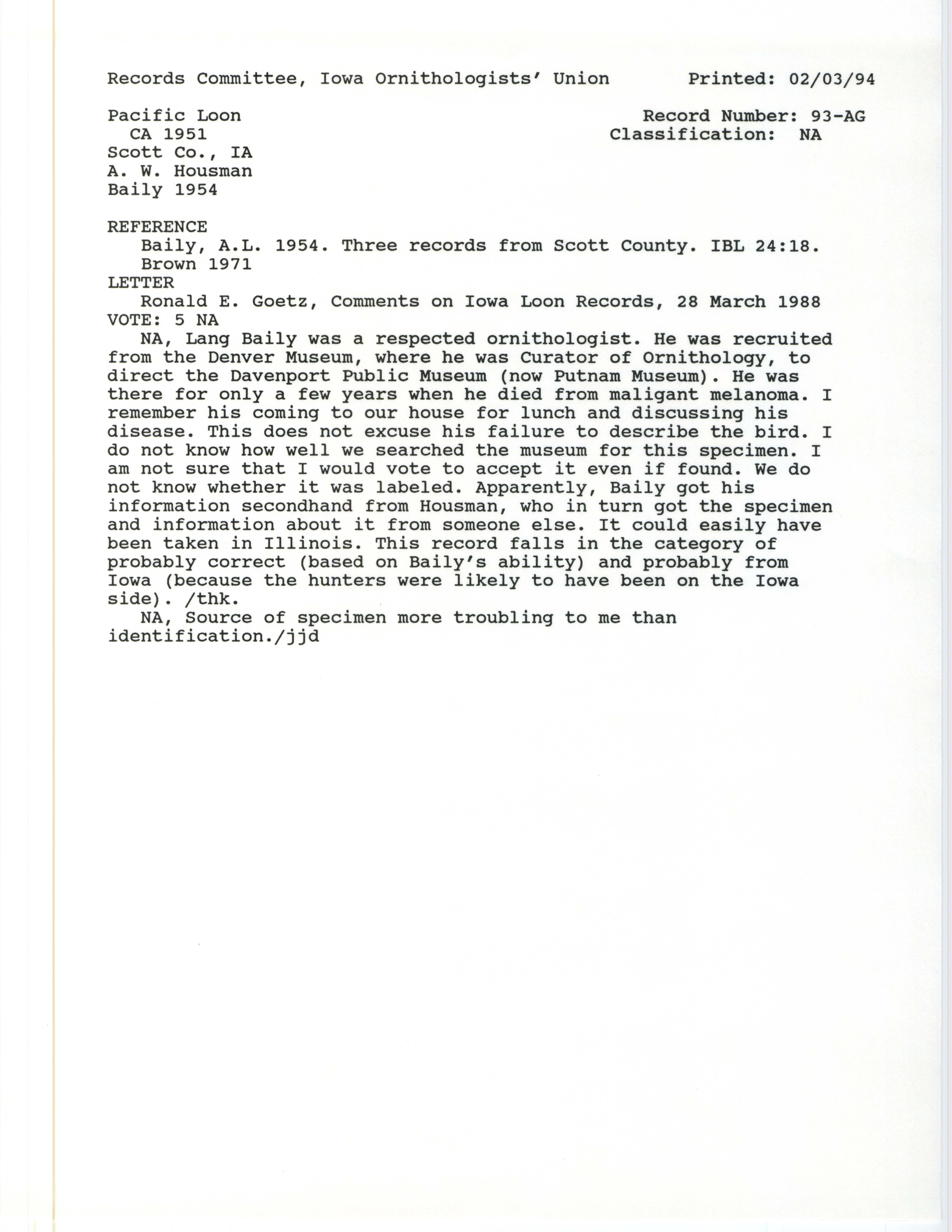 Records Committee review for rare bird sighting for Pacific Loon at Scott County, 1951
