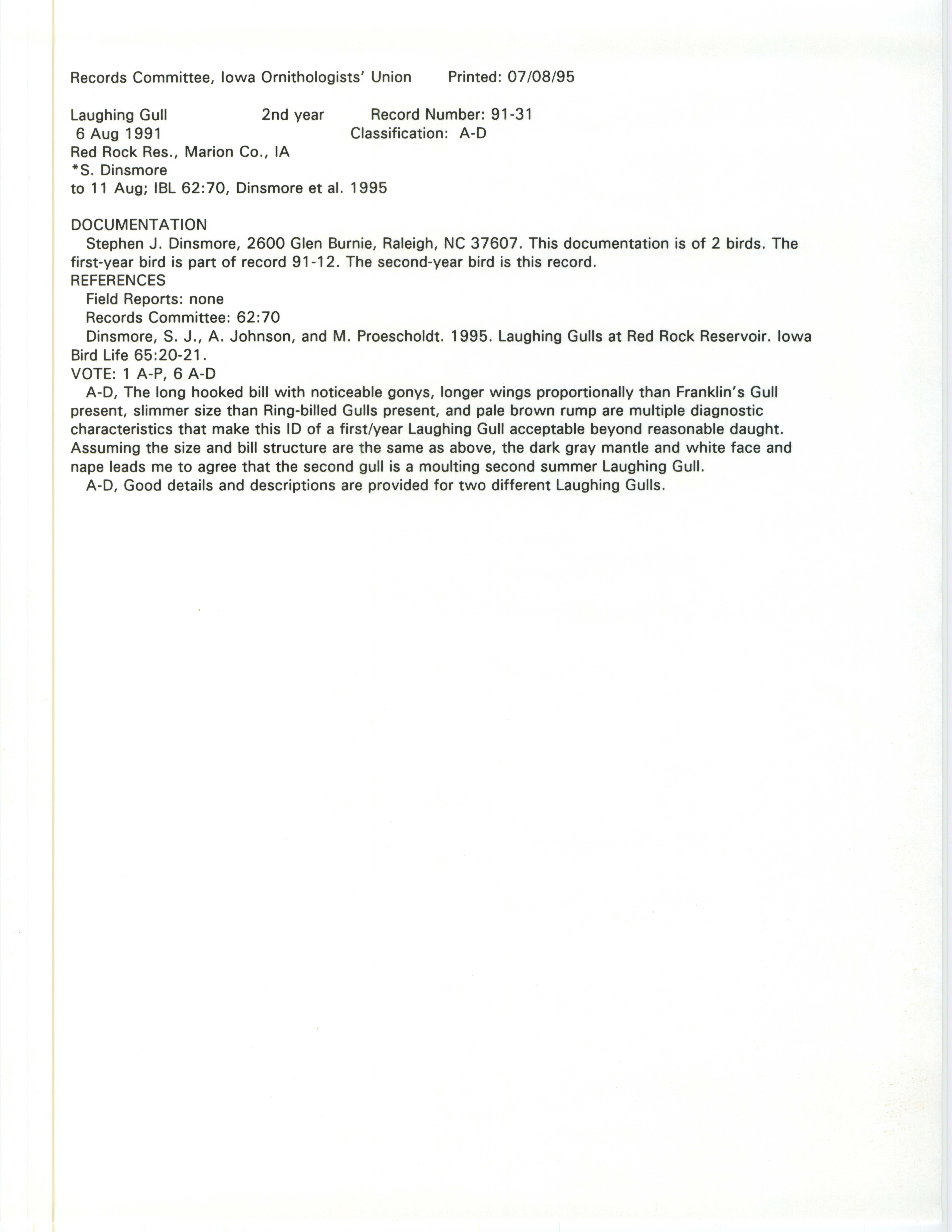 Records Committee review for rare bird sighting of Laughing Gull at Red Rock Reservoir, 1991