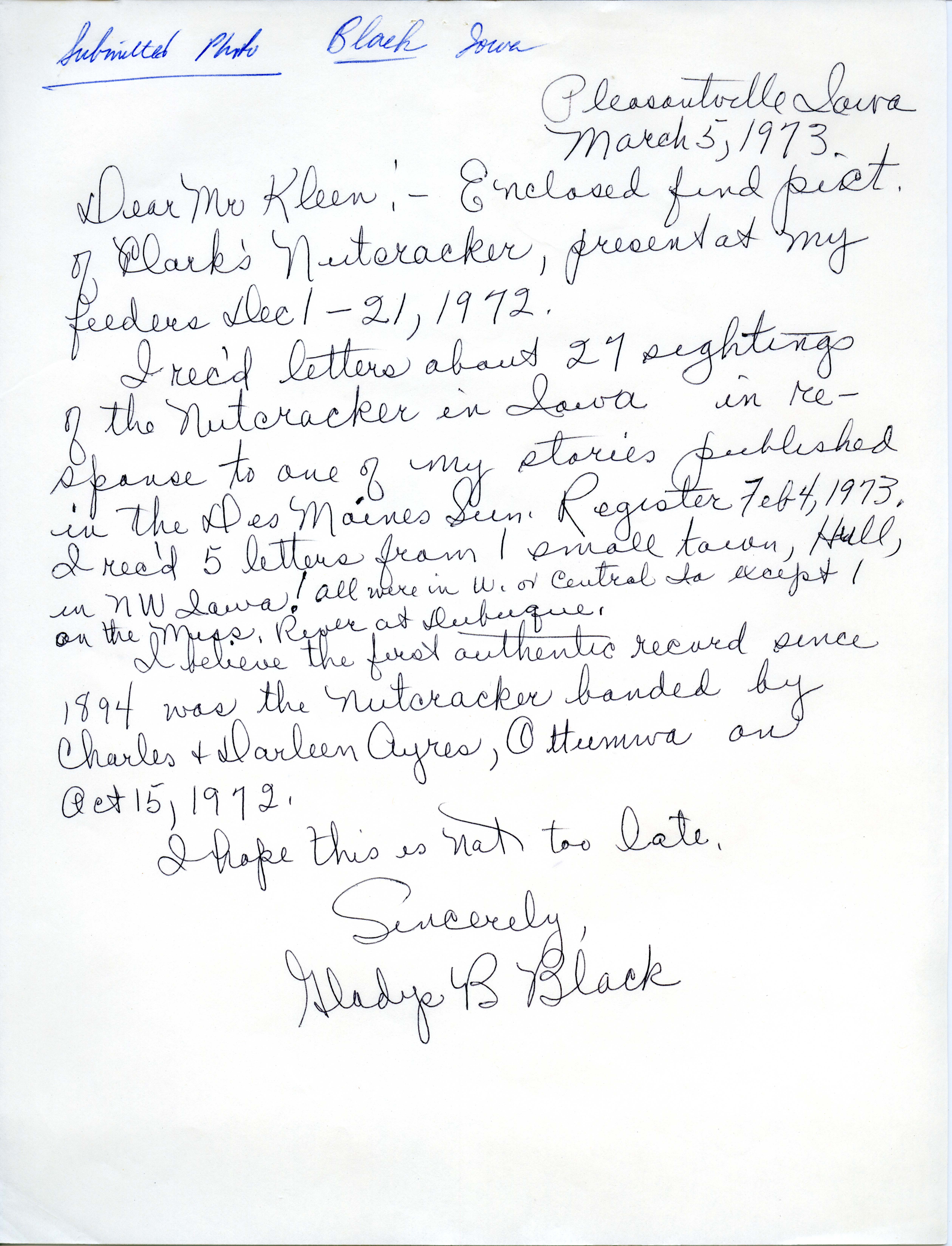 Gladys Black letter to Vernon M. Kleen regarding her sighting of Clark's Nutcracker, March 5, 1973