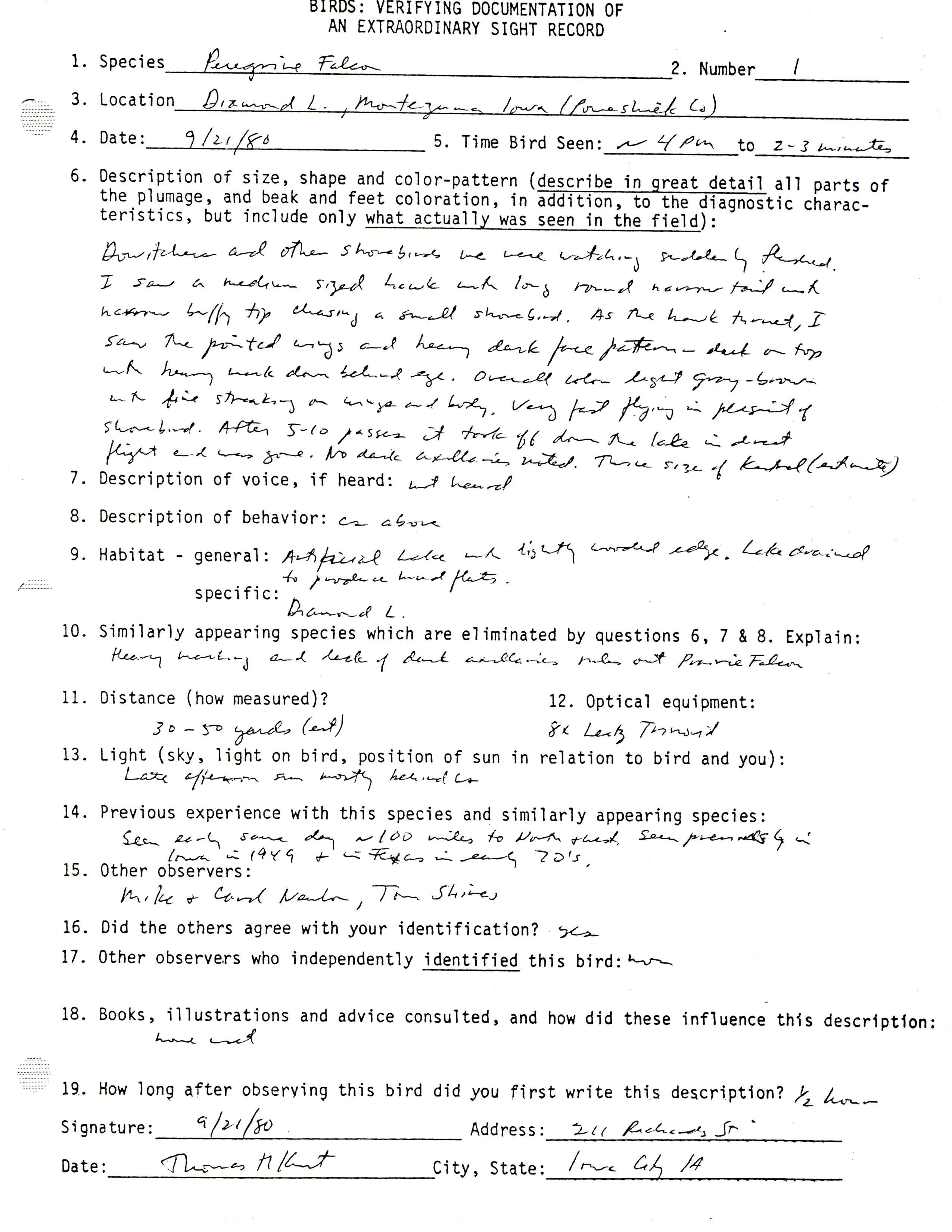 Rare bird documentation form for Peregrine Falcon at Diamond Lake, 1980