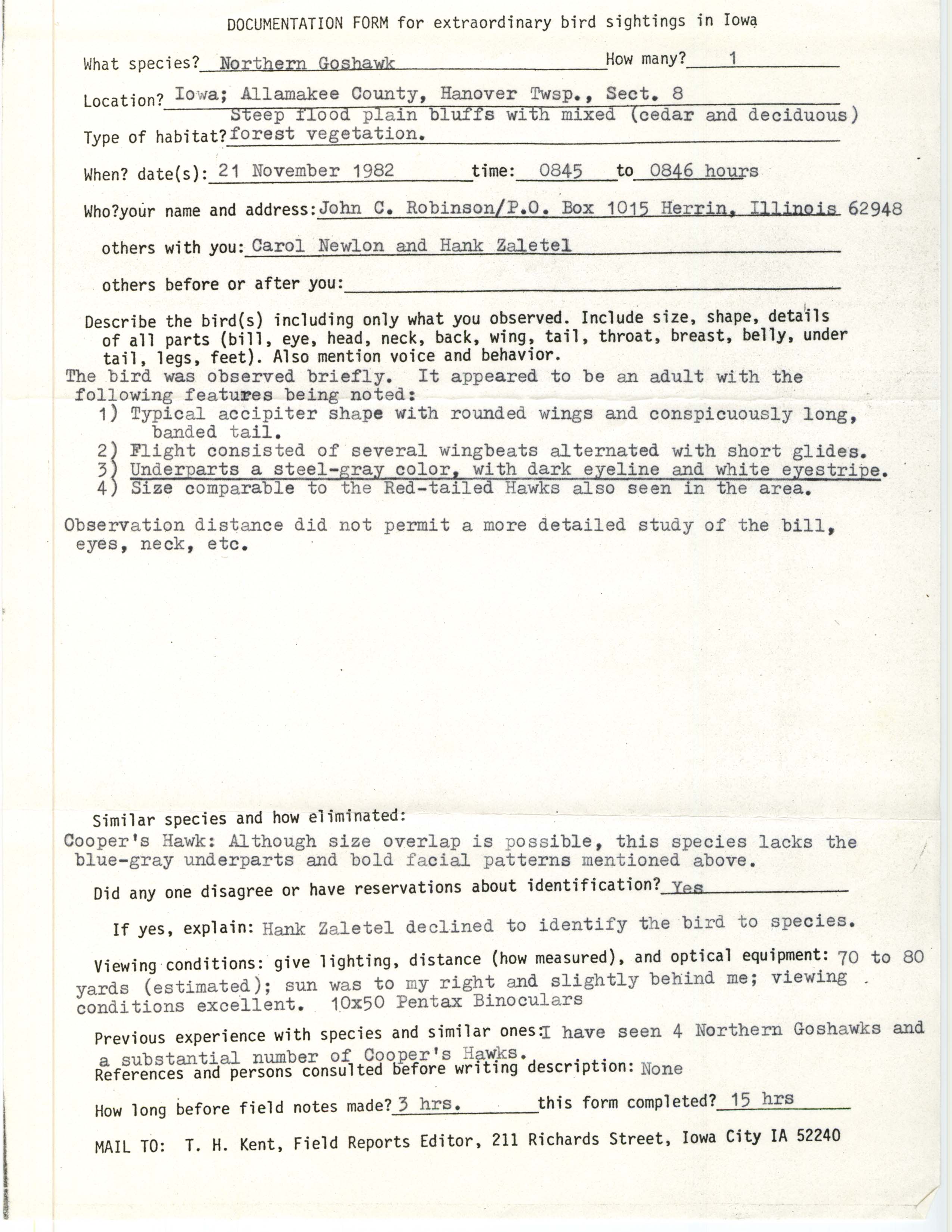 Rare bird documentation form for Northern Goshawk at Hanover Township in Allamakee County, 1982