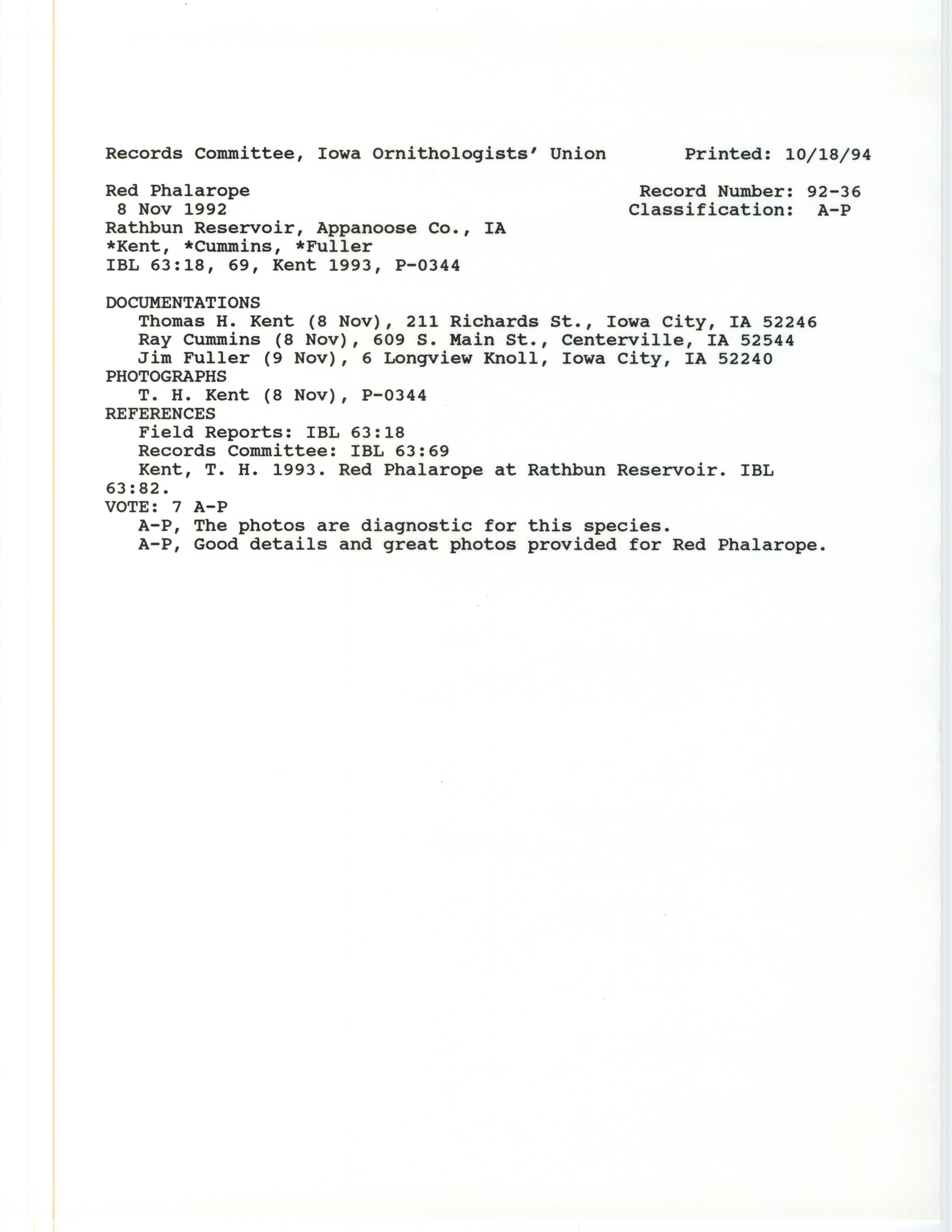 Records Committee review for rare bird sighting of Red Phalarope at Rathbun Reservoir, 1992