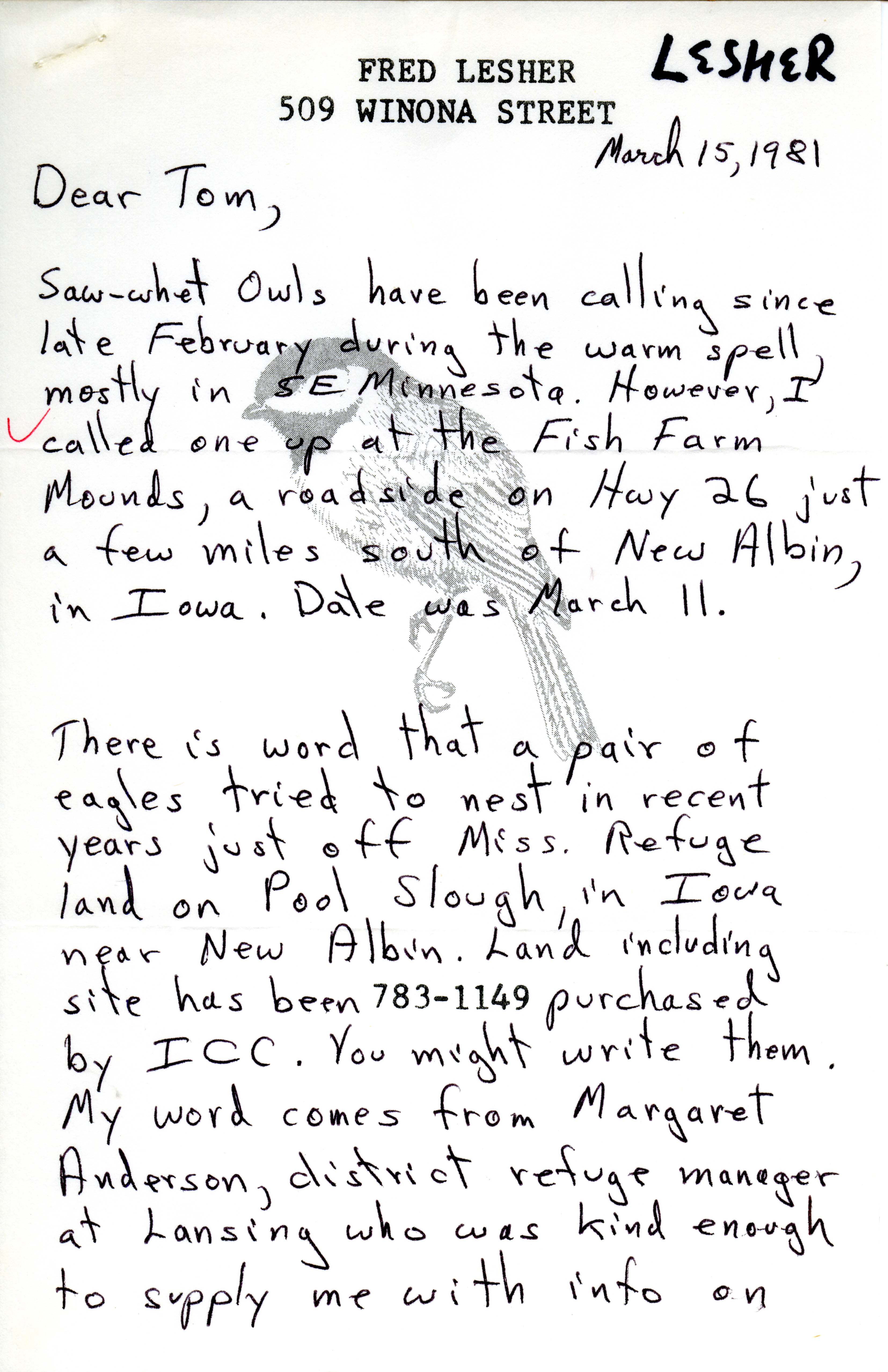 Fred Lesher letter to Thomas Kent regarding Saw-whet Owl calls, March 15, 1981