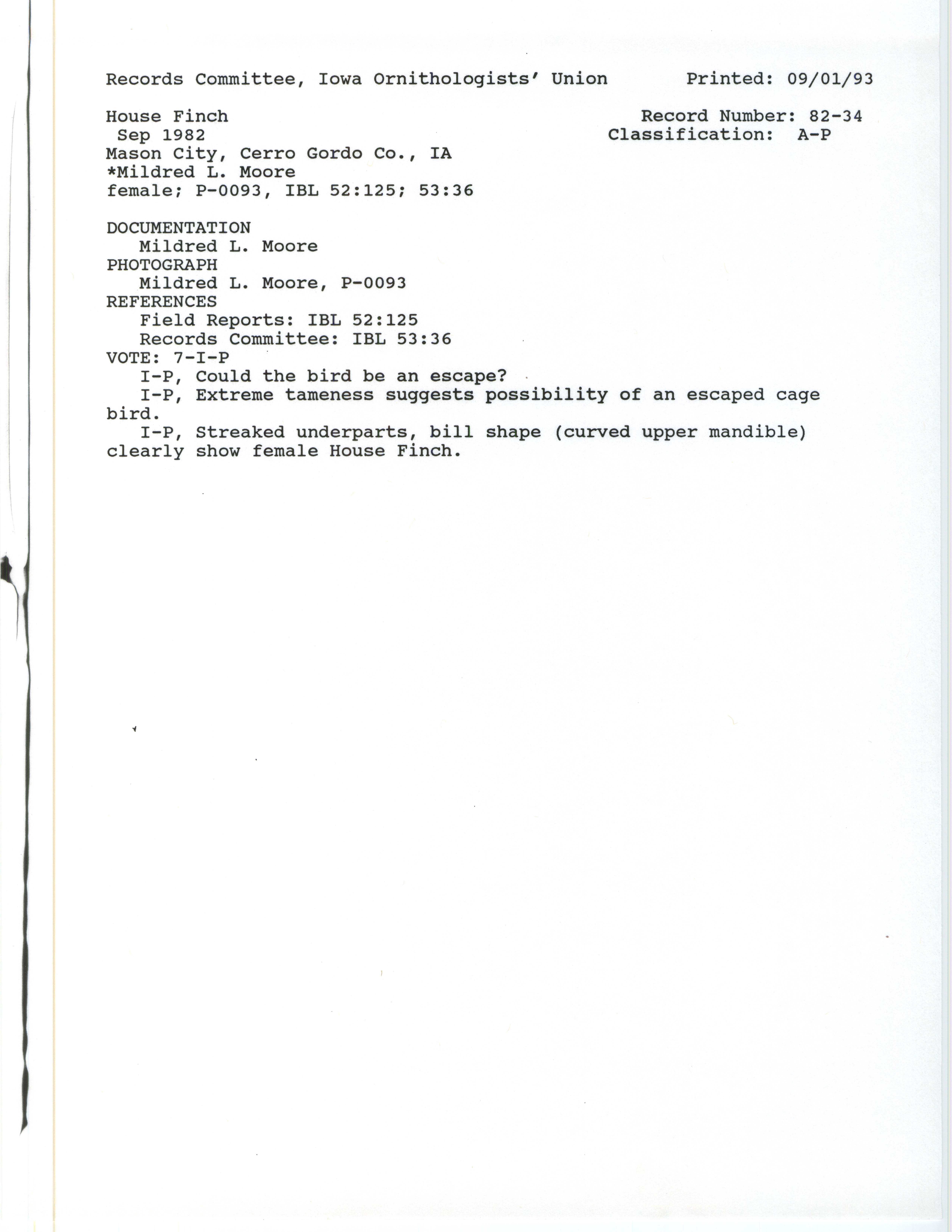 Records Committee review for rare bird sighting for House Finch at Mason City, 1982