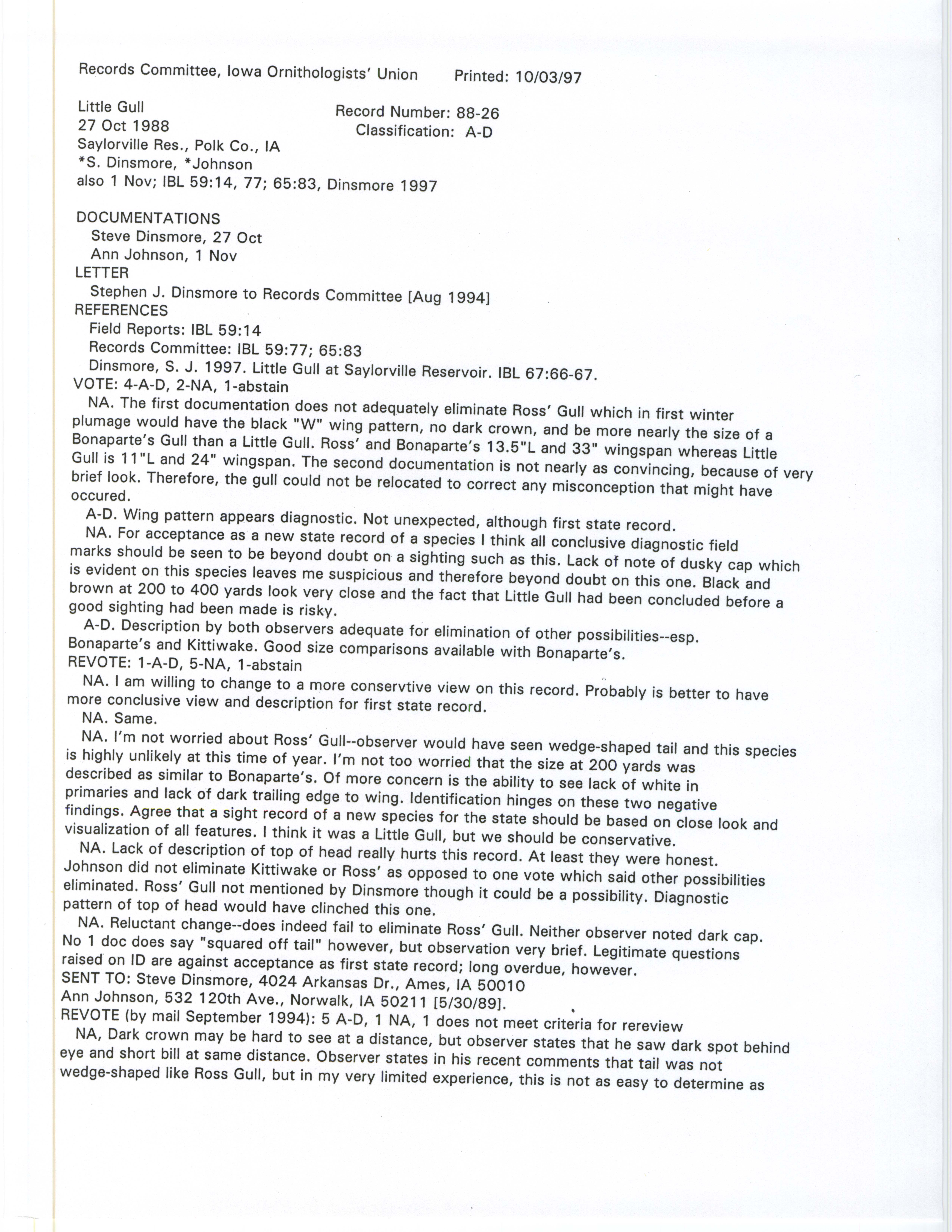 Records Committee review for rare bird sighting of Little Gull near Jester Park in Saylorville Reservoir, 1988