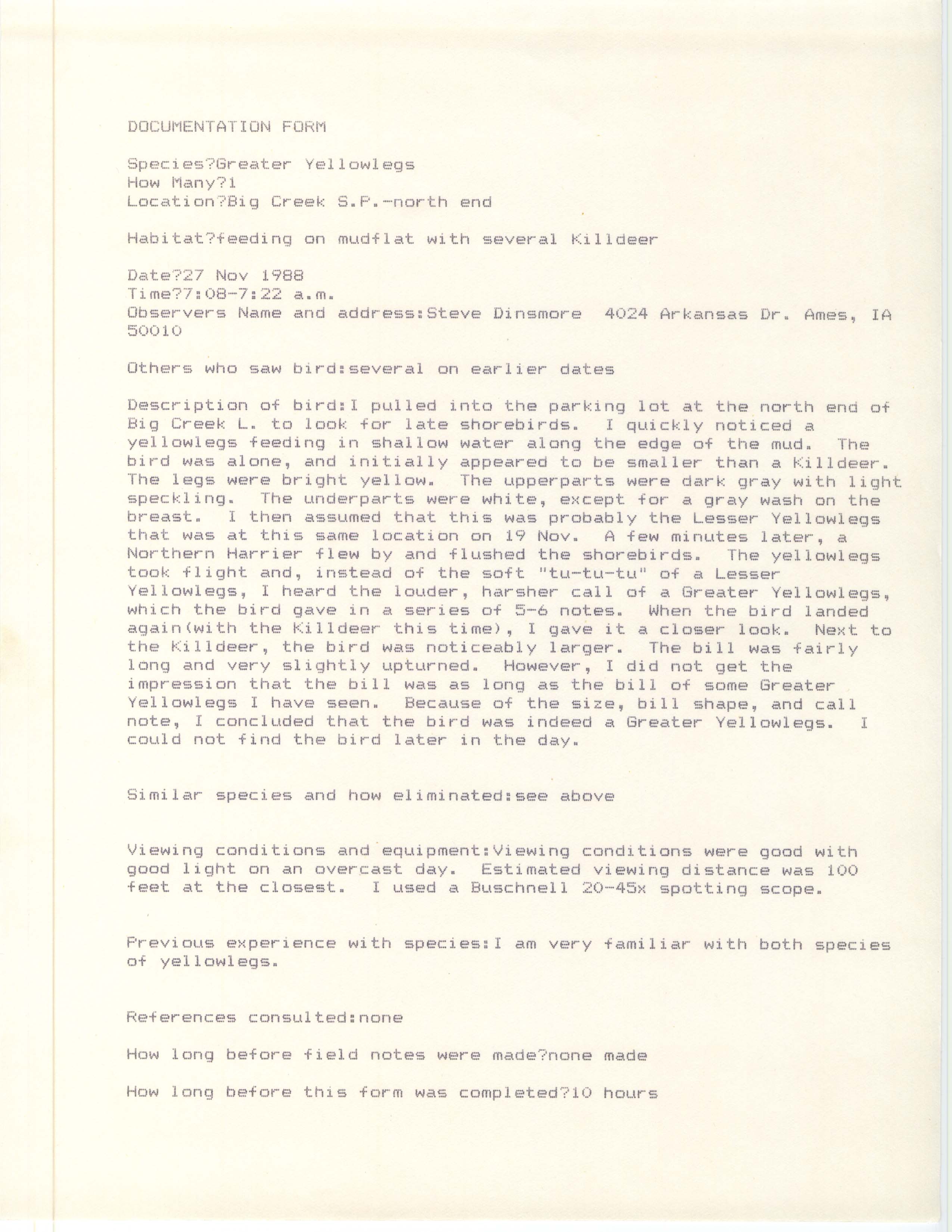 Rare bird documentation form for Greater Yellowlegs at Big Creek State Park, 1988