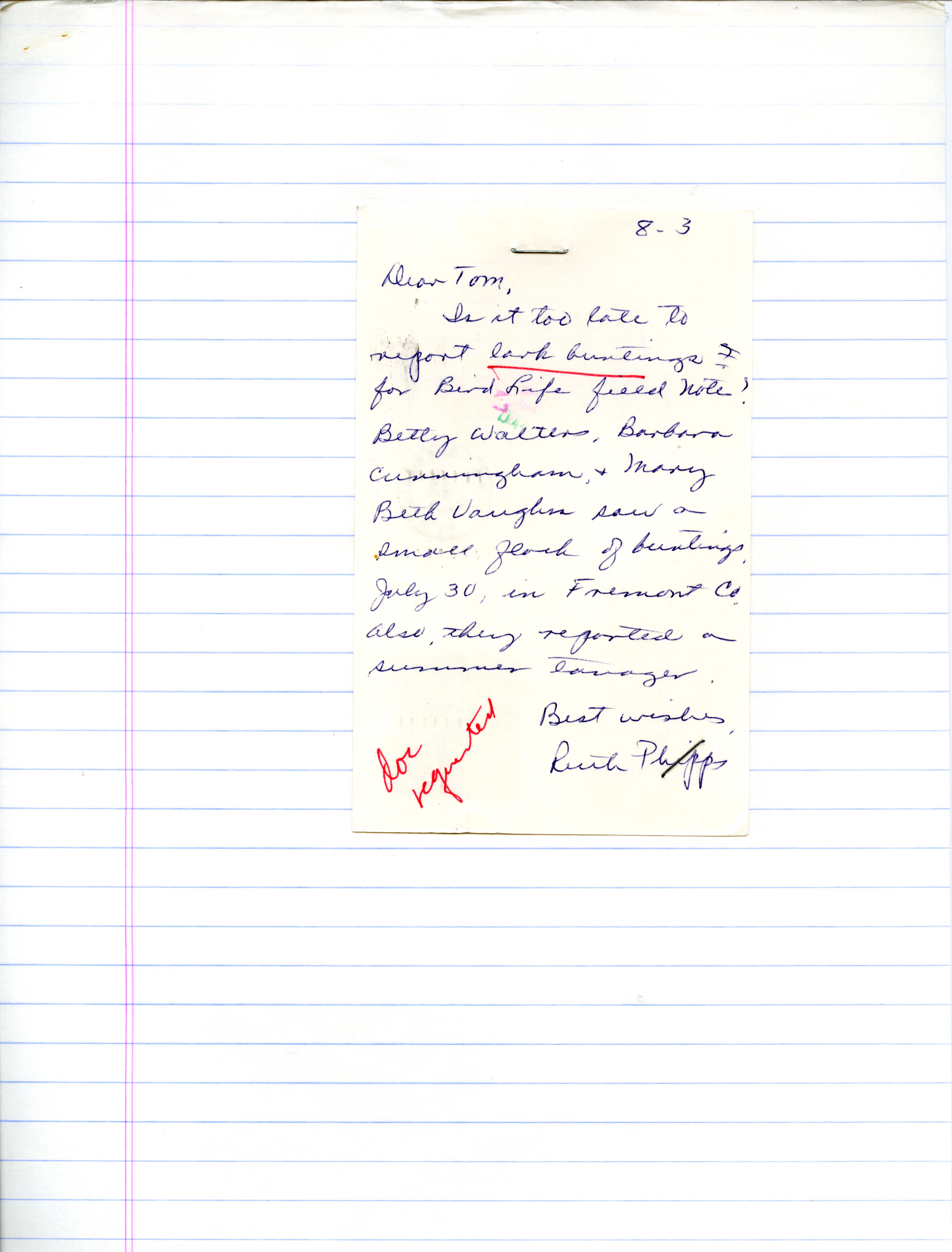 Ruth Phipps letter to Thomas H. Kent regarding bird sightings, August 3, 1980