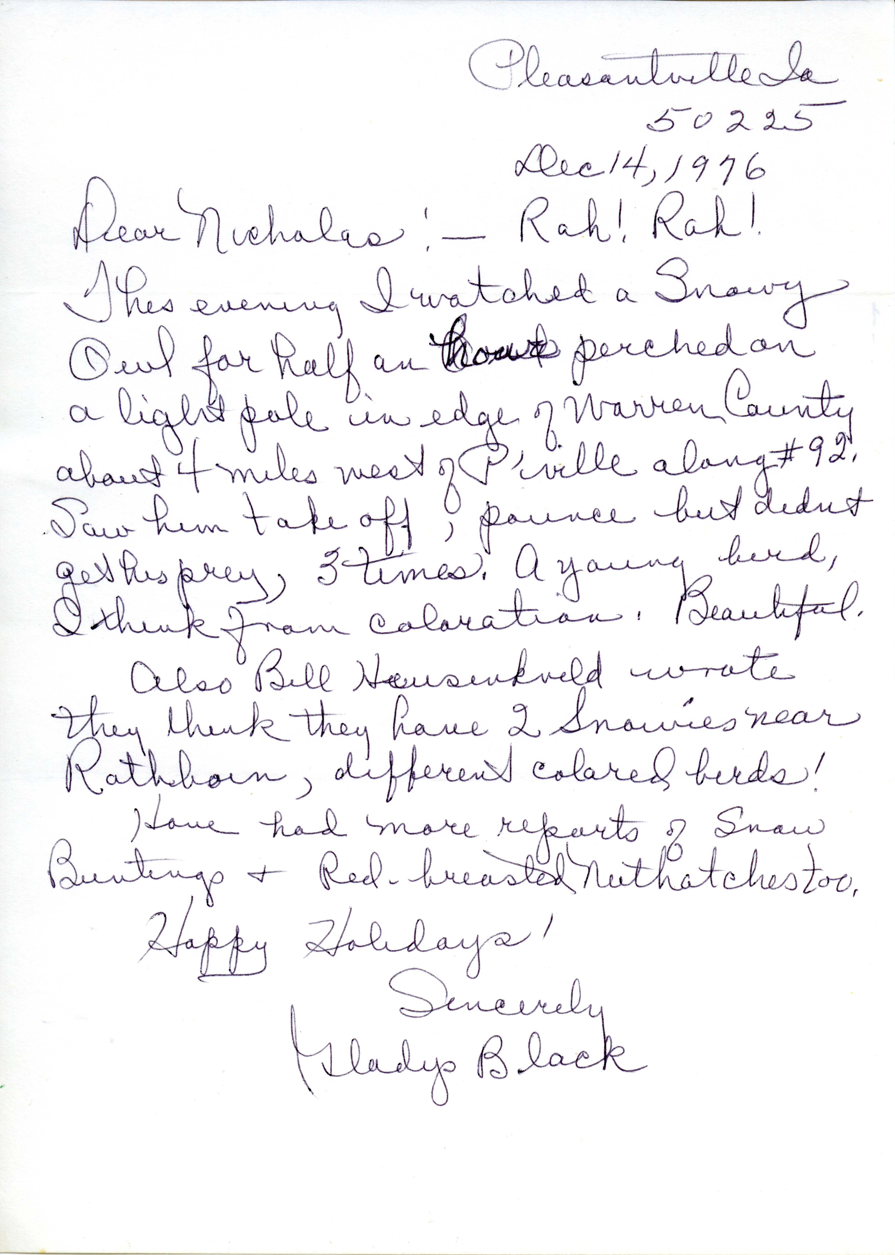 Gladys Black letter to Nicholas S. Halmi regarding bird sightings, December 14, 1976