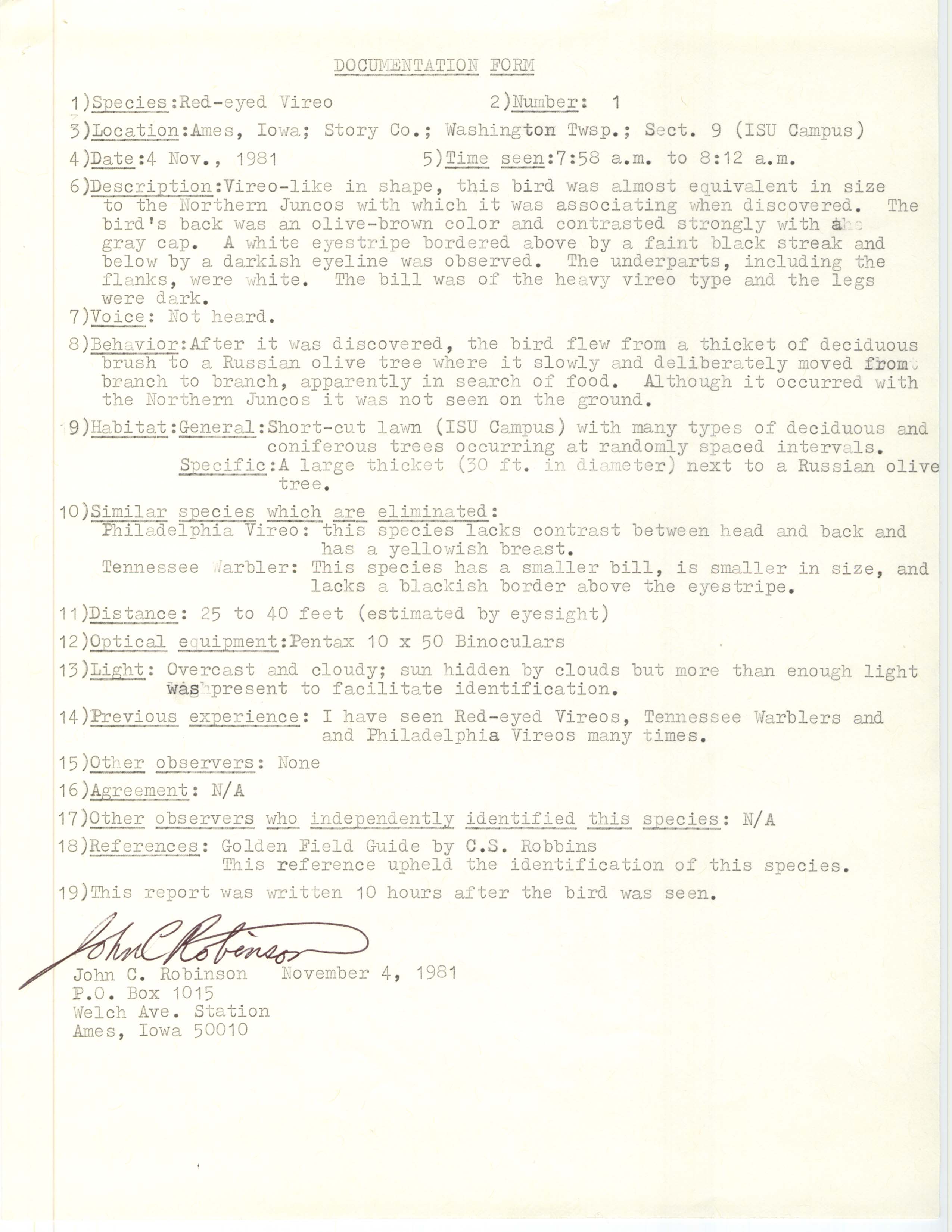Rare bird documentation form for Red-eyed Vireo at Washington Township in Ames, 1981
