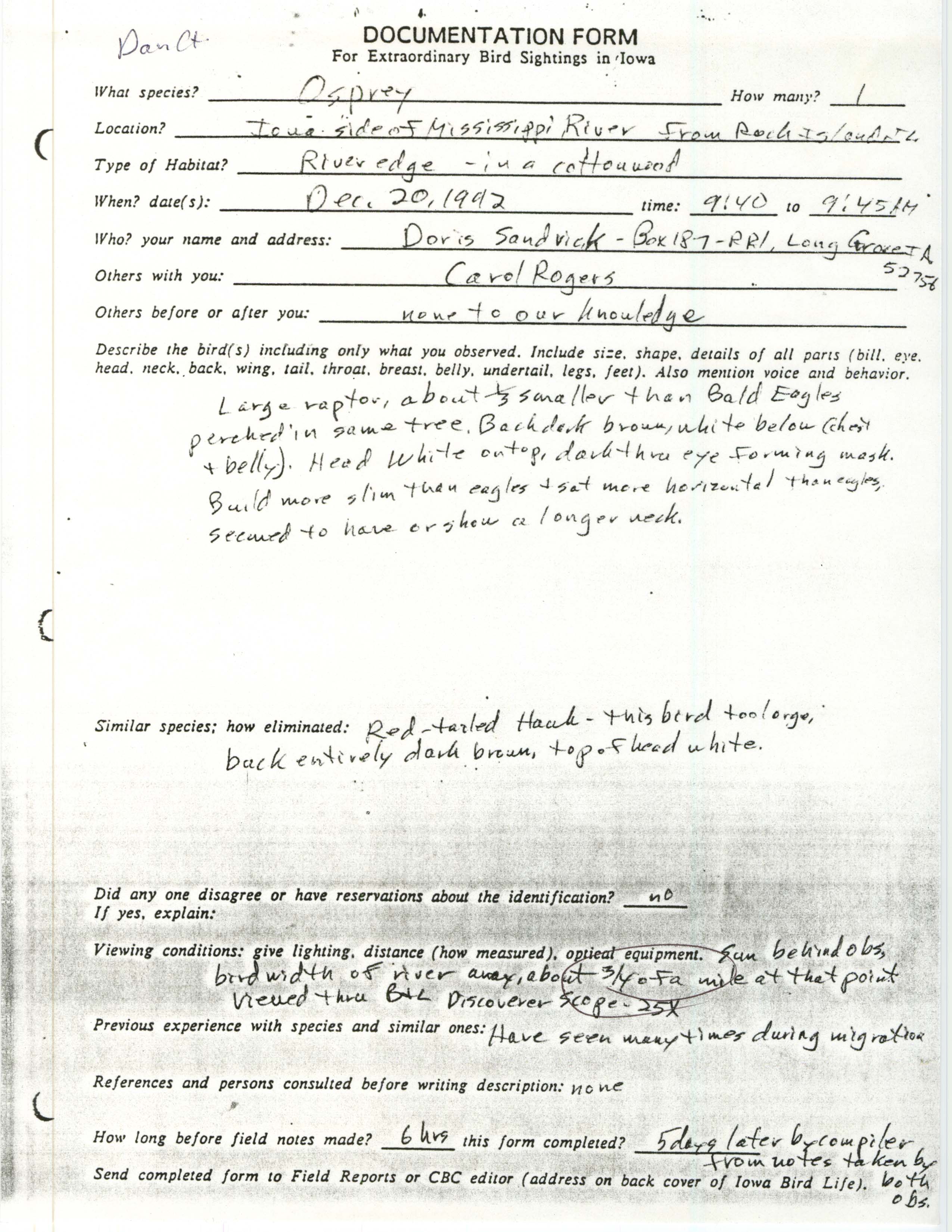 Rare bird documentation form for Osprey at the Mississippi River near Davenport, 1992