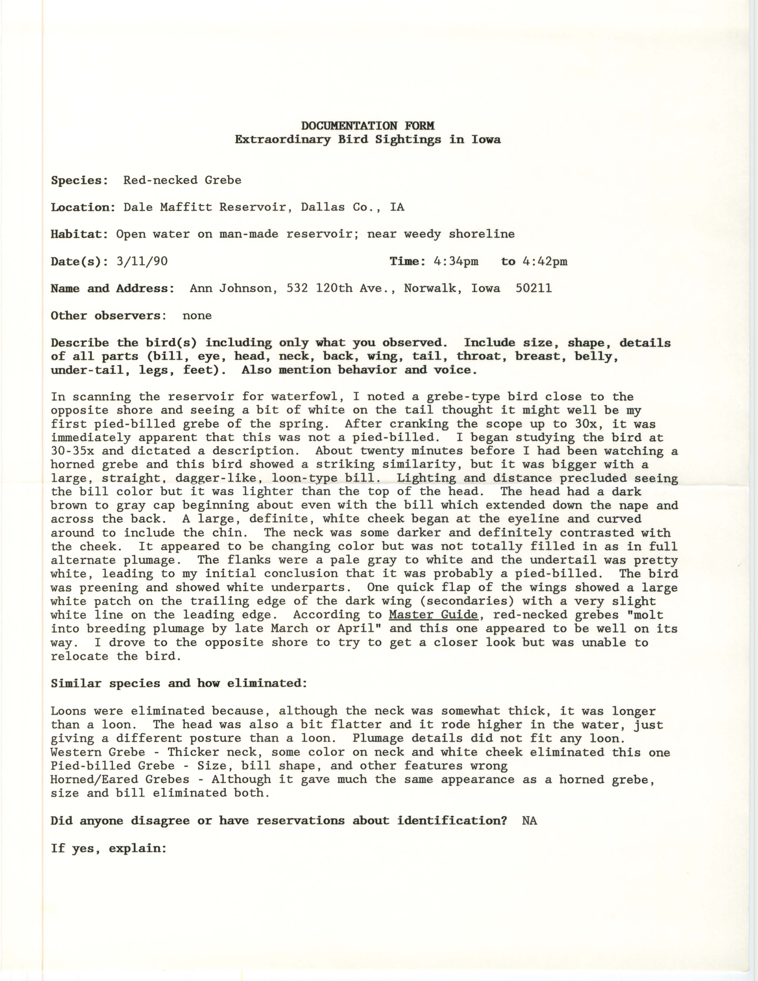 Rare bird documentation form for Red-necked Grebe at Dale Maffitt Reservoir, 1990