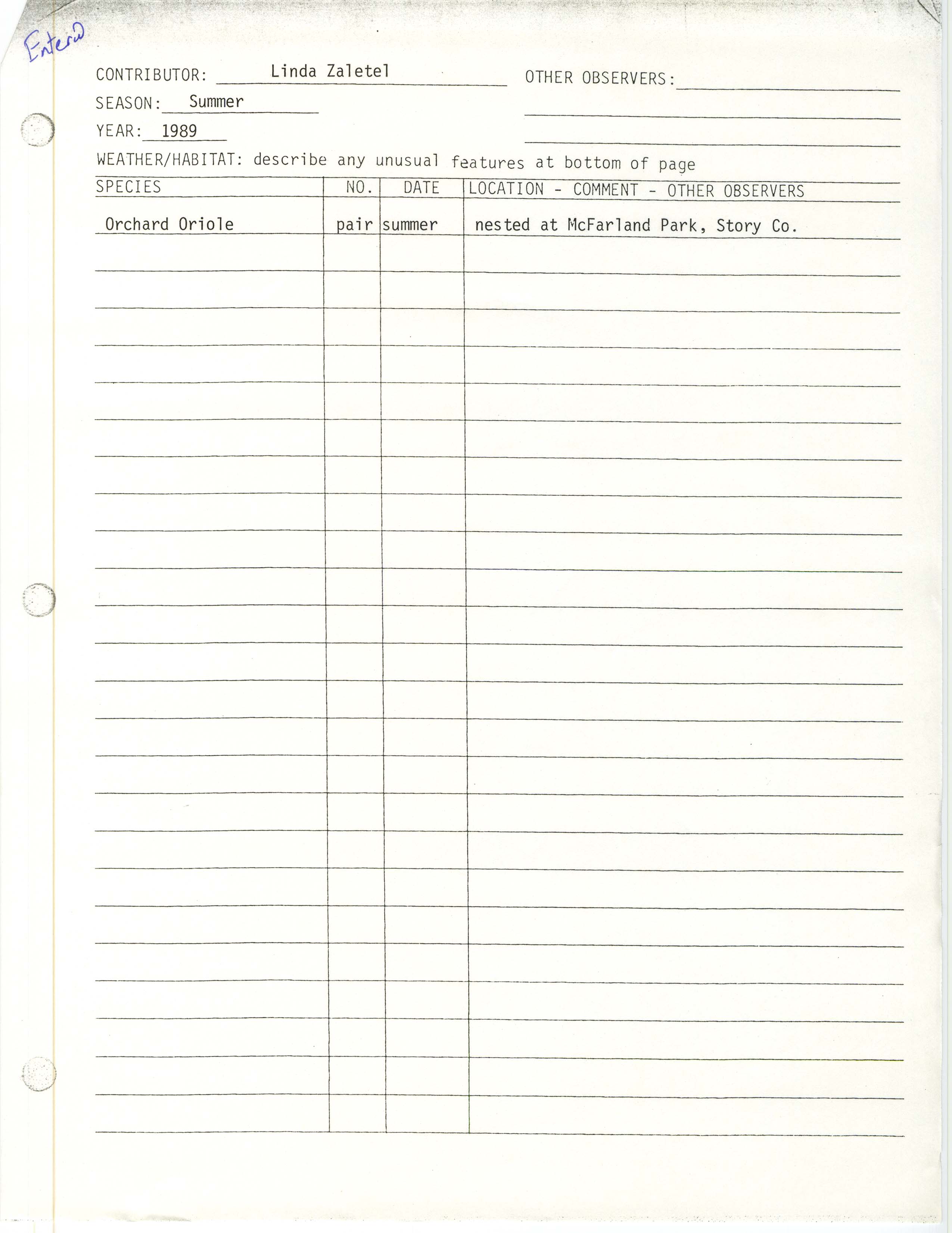 Field note about an Orchard Oriole sighting contributed by Linda Zaletel, summer 1989