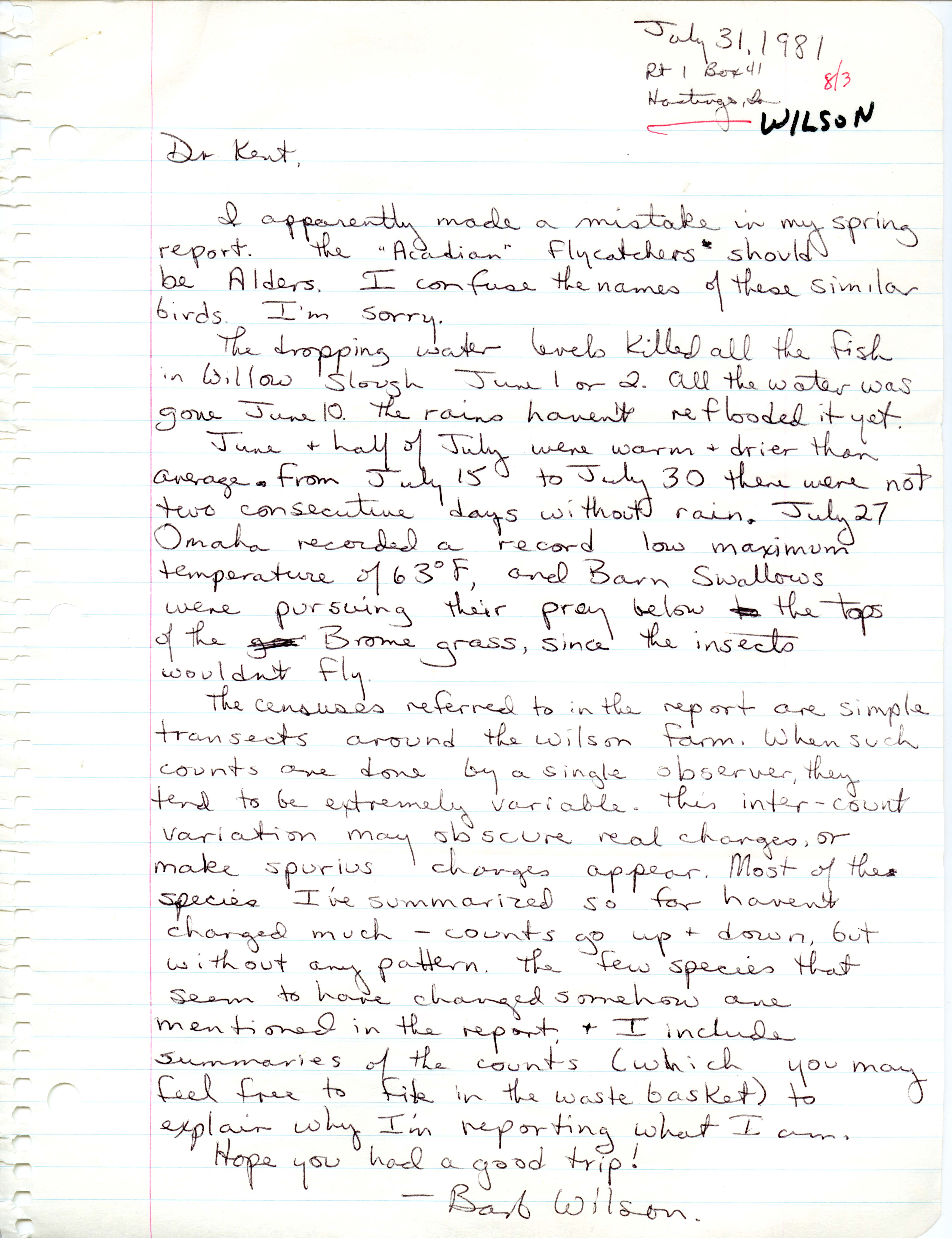 Barbara L. Wilson letter to Thomas H. Kent regarding summer bird sightings and populations, July 31, 1981