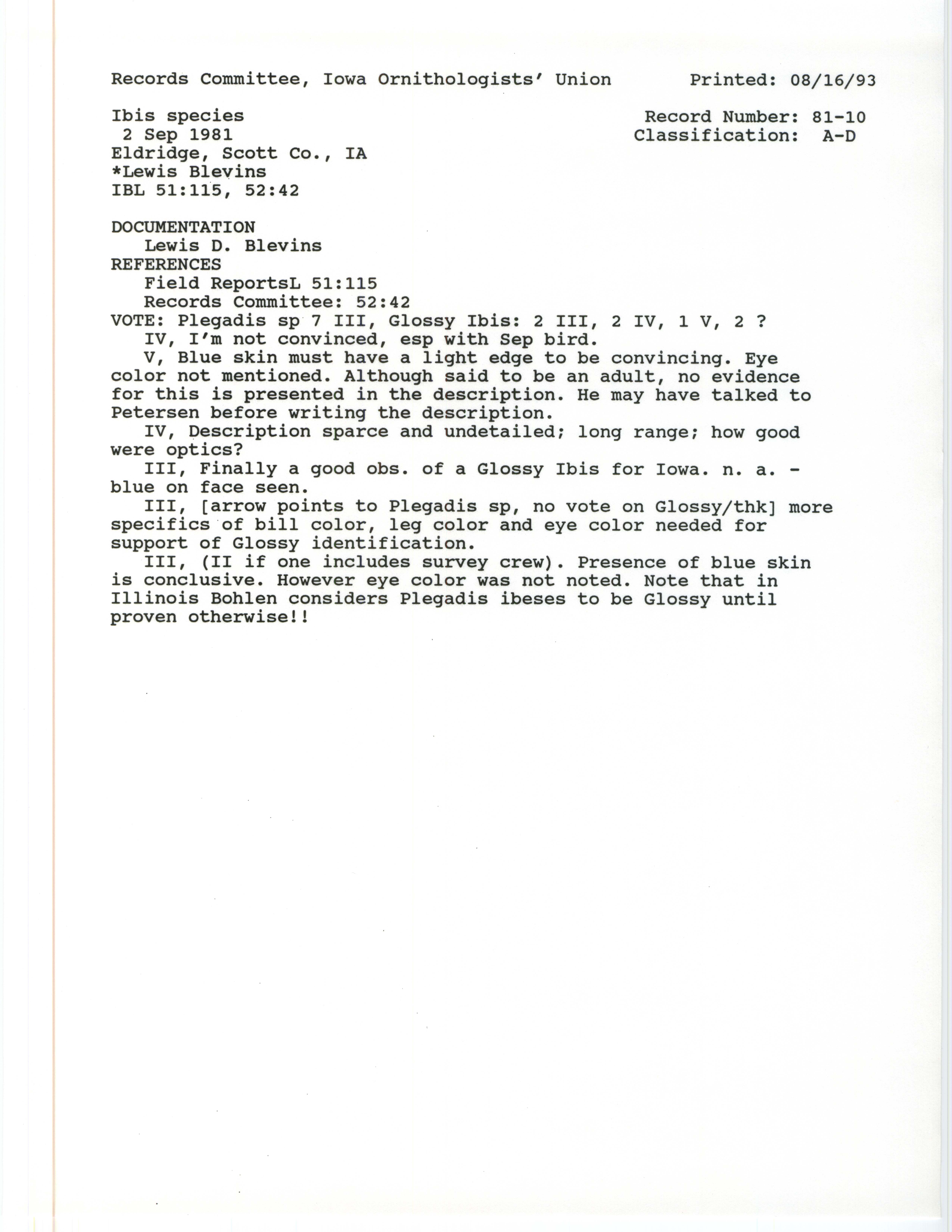 Records Committee review for rare bird sighting of Ibis species at Eldridge, 1981