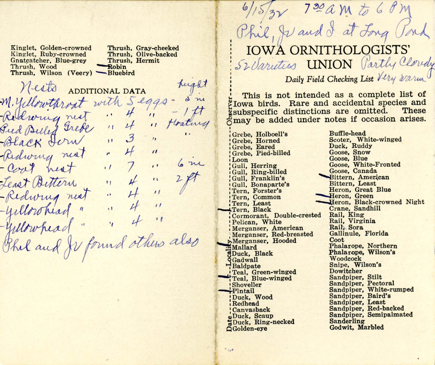 Daily field checking list, Walter Rosene, June 15, 1932