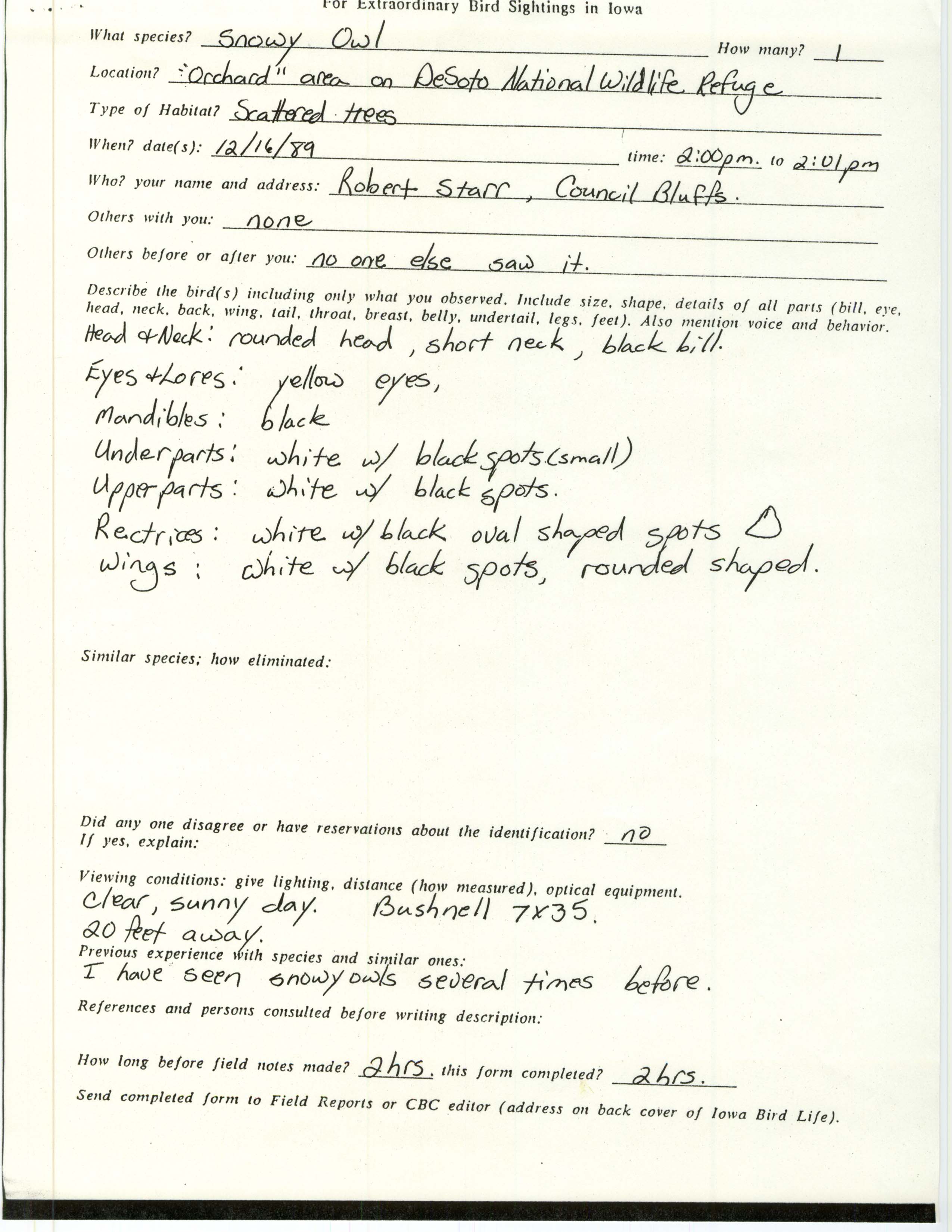 Rare bird documentation form for Snowy Owl at DeSoto National Wildlife Refuge, 1989