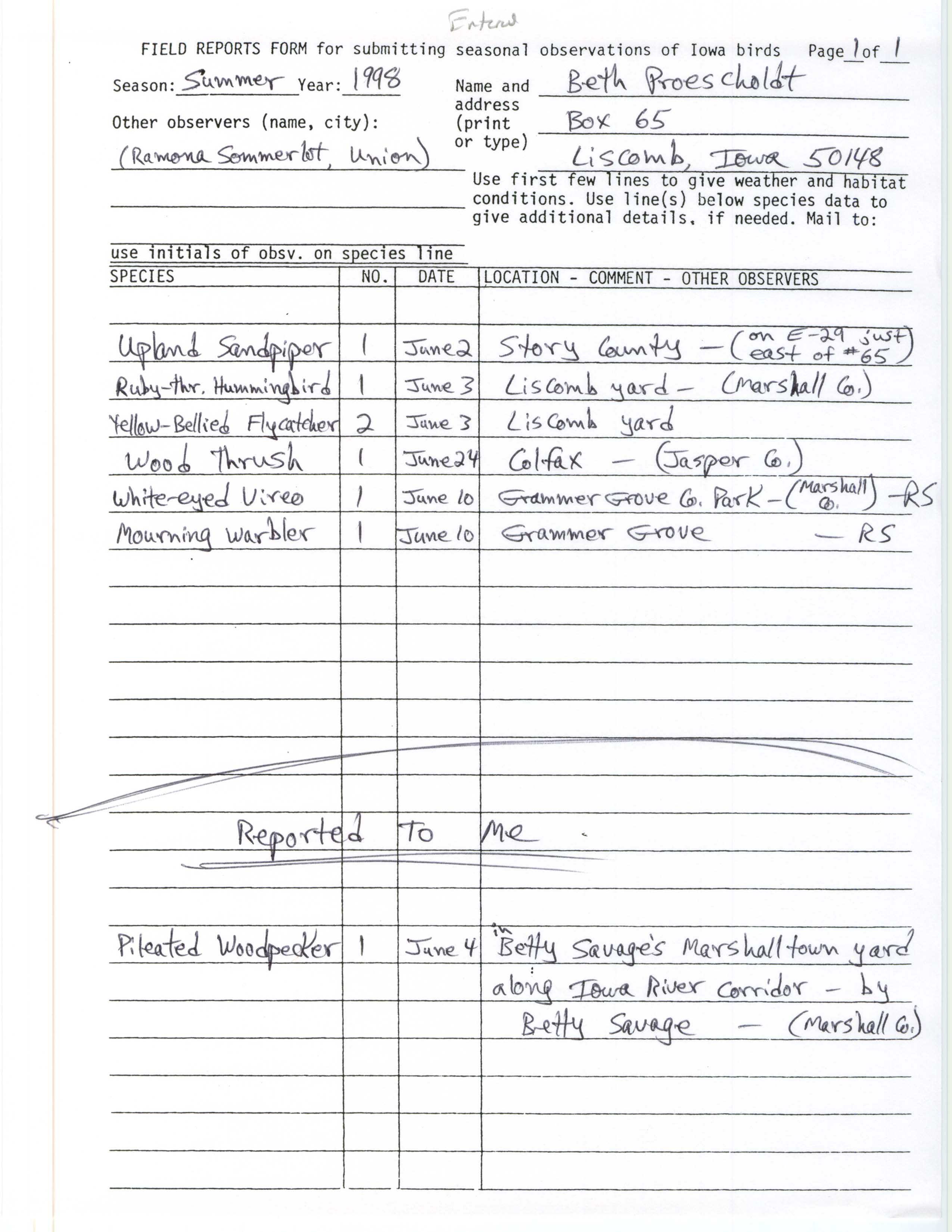 Field reports form for submitting seasonal observations of Iowa birds, Beth Proescholdt, summer 1989