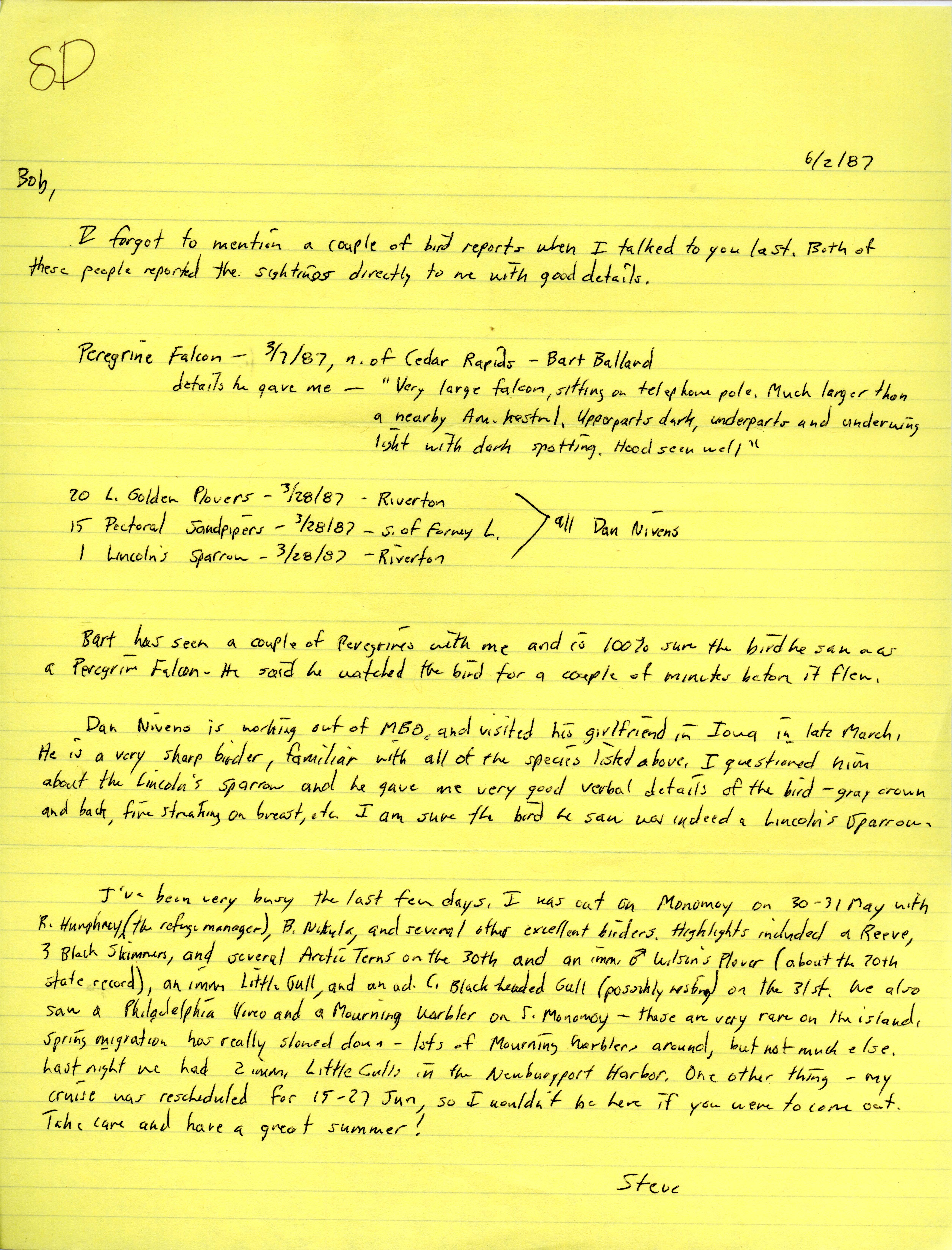 Stephen J. Dinsmore letter to Robert K. Myers regarding bird sightings, June 2, 1987 