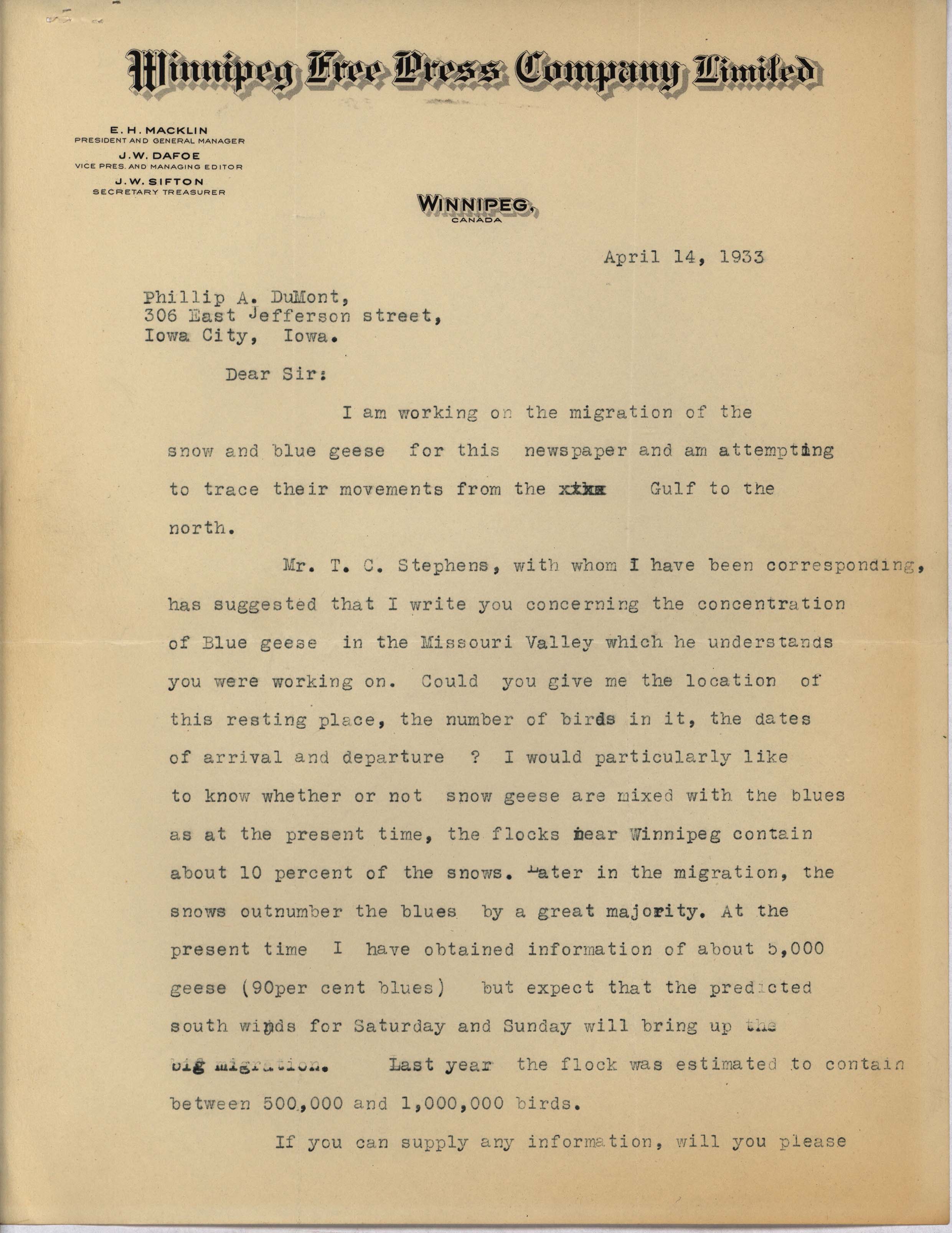 Burt Gresham letter to Philip DuMont regarding Goose migration, April 14, 1933