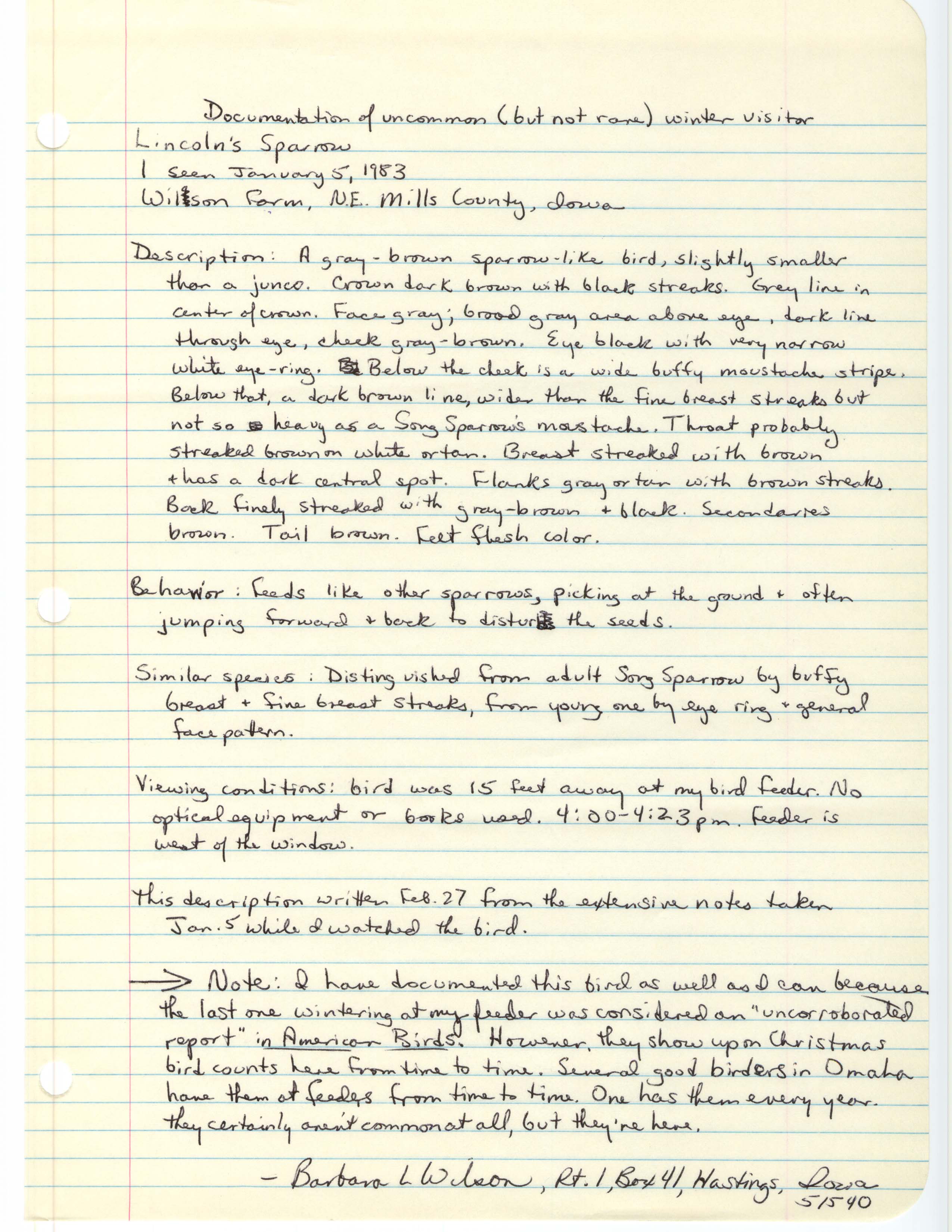Rare bird documentation form for Lincoln's Sparrow northwest of Hastings, 1983