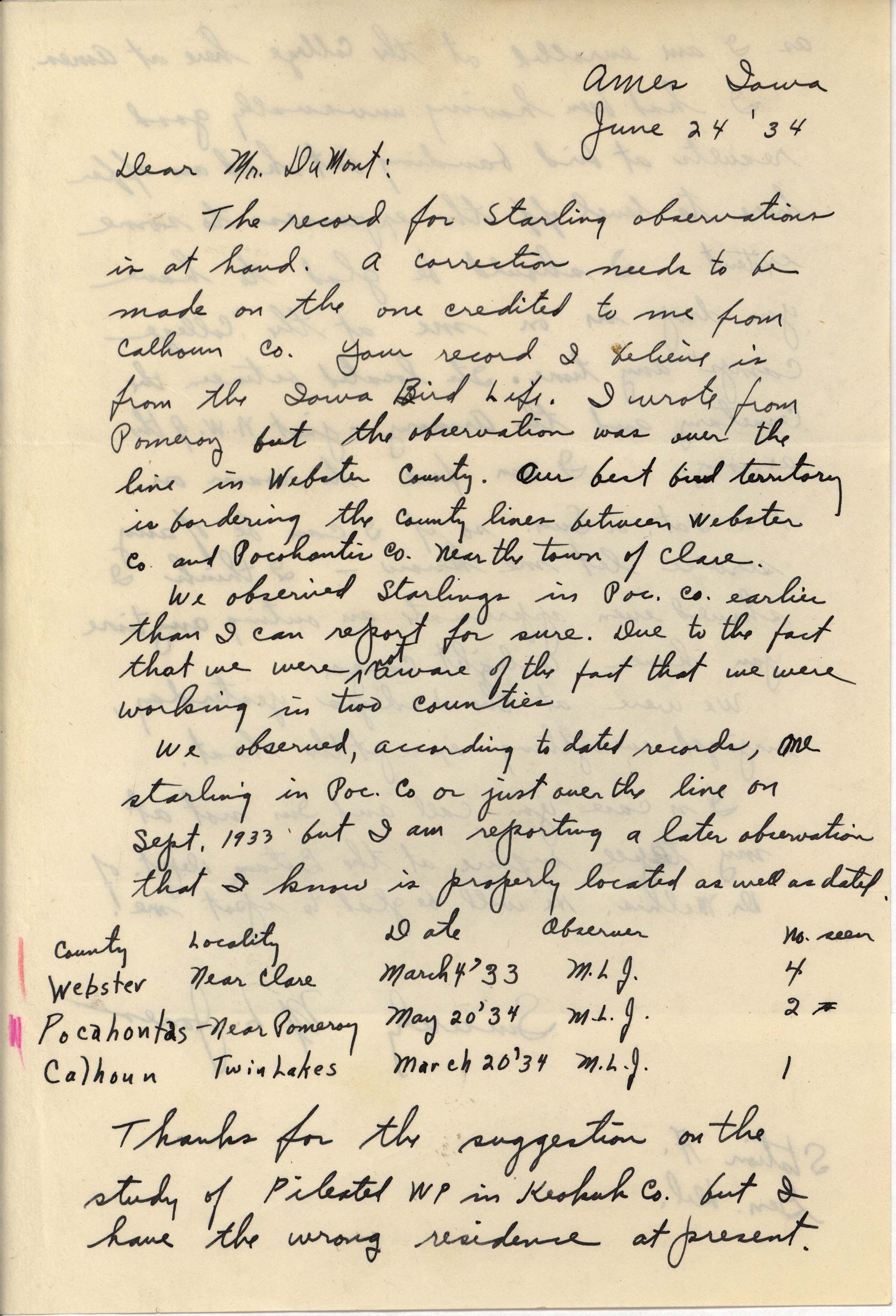 Myrle Jones letter to Philip DuMont regarding starling sightings, June 24, 1934