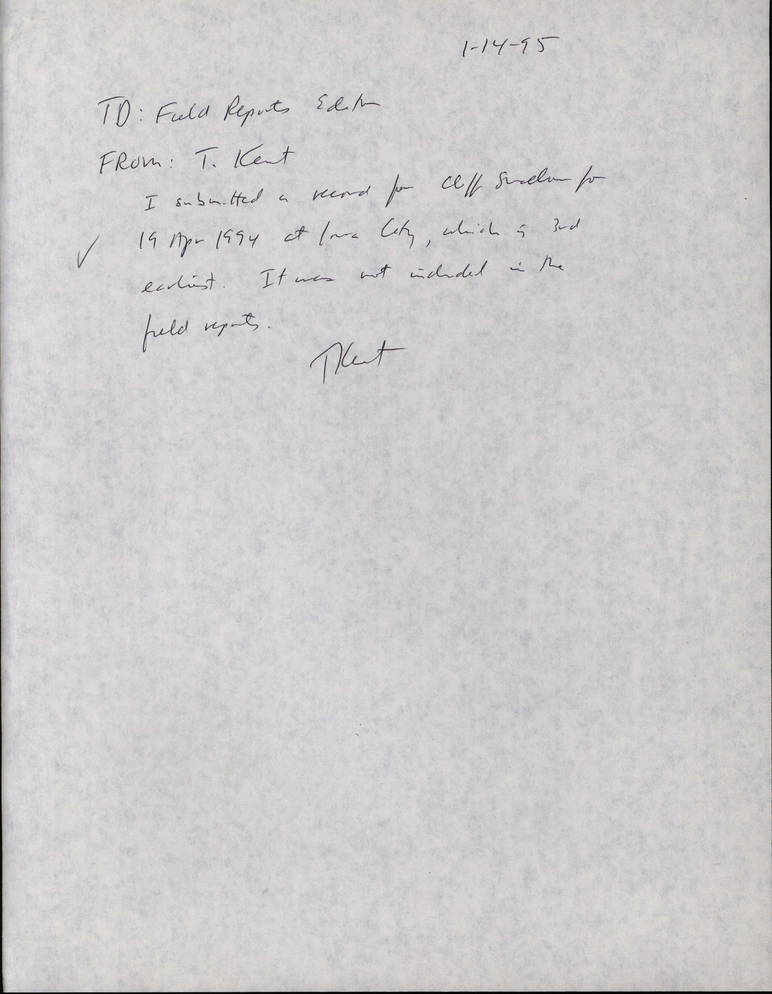Thomas Kent letter to James Fuller regarding Cliff Swallow sighting, January 14, 1995