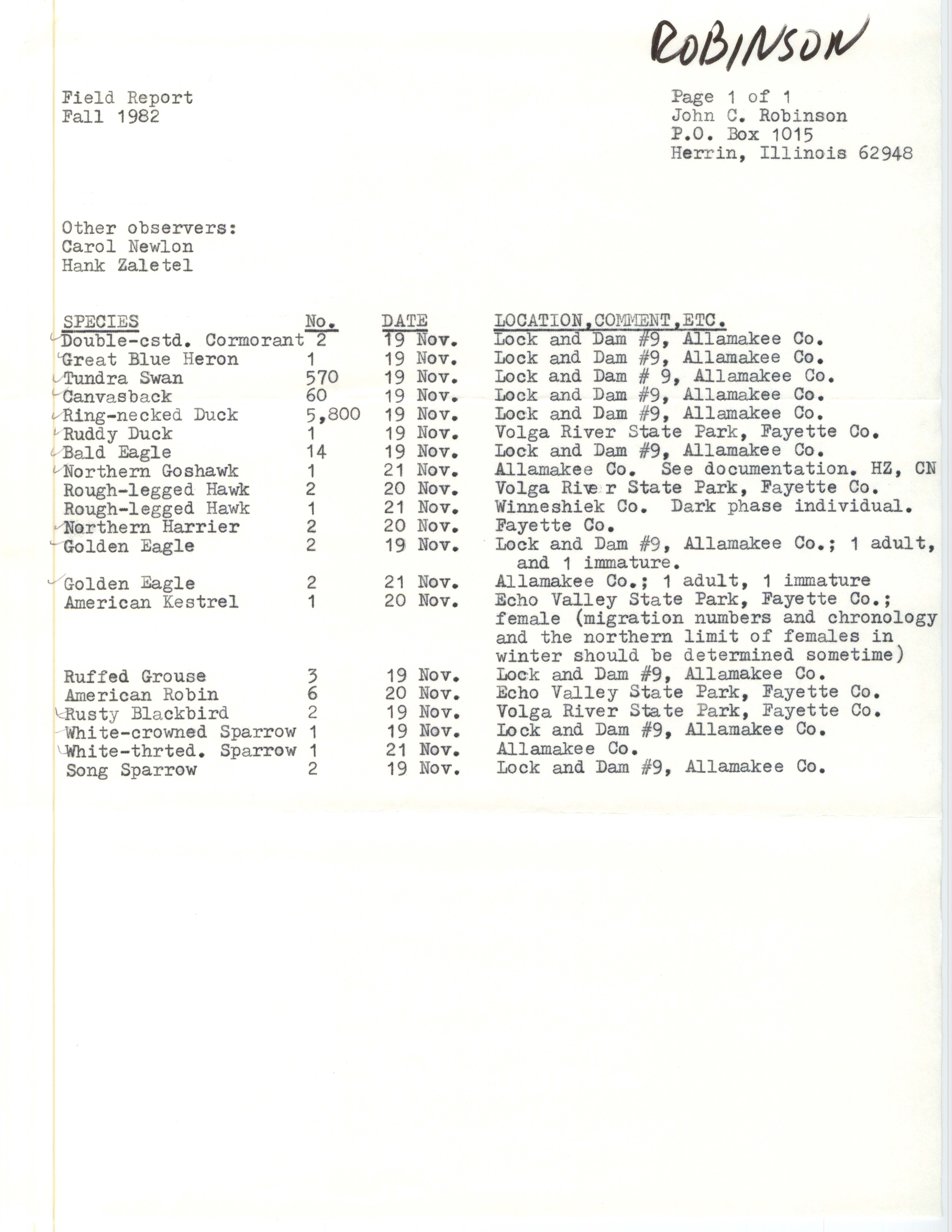Field notes contributed by John C. Robinson, fall 1982