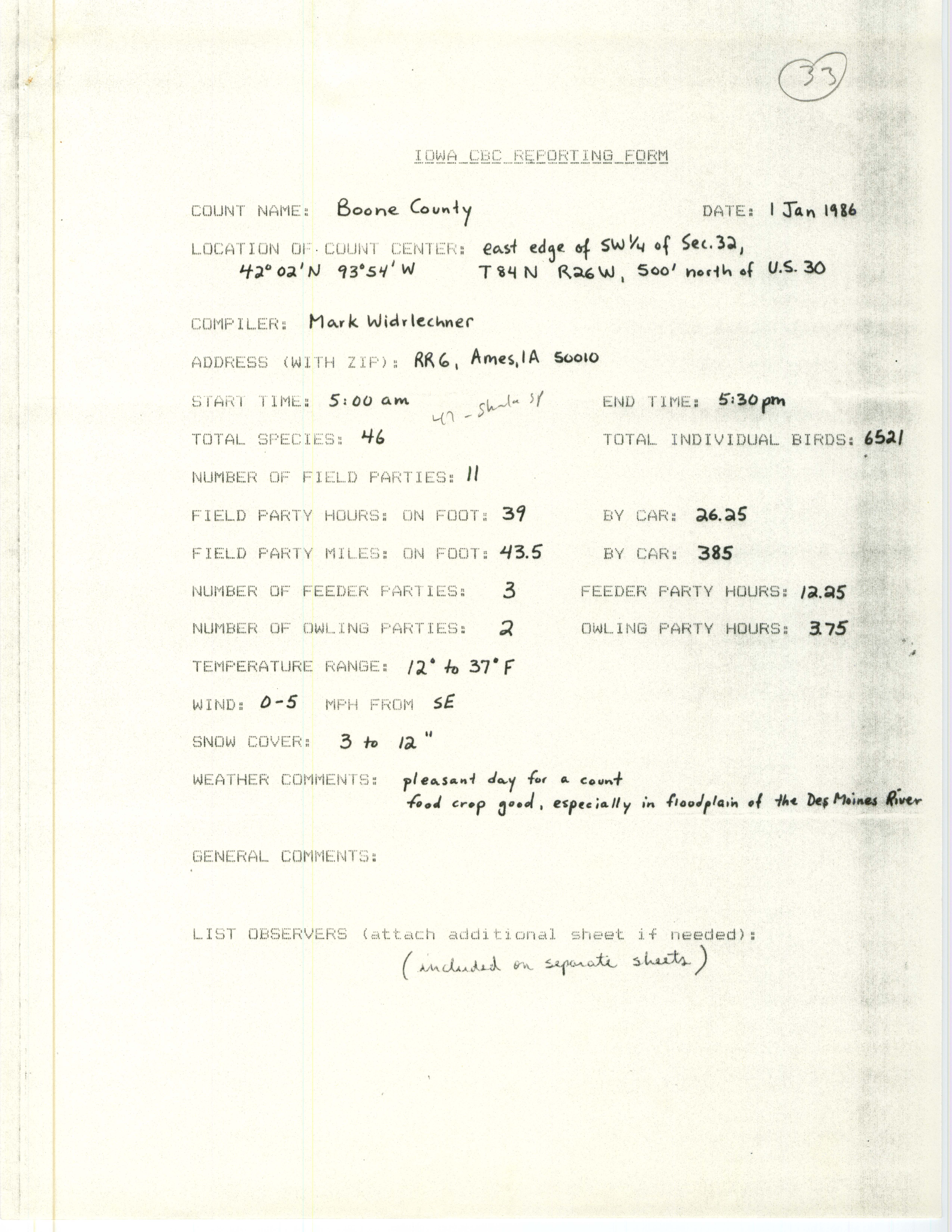 Iowa CBC reporting form, Boone County, January 1, 1986