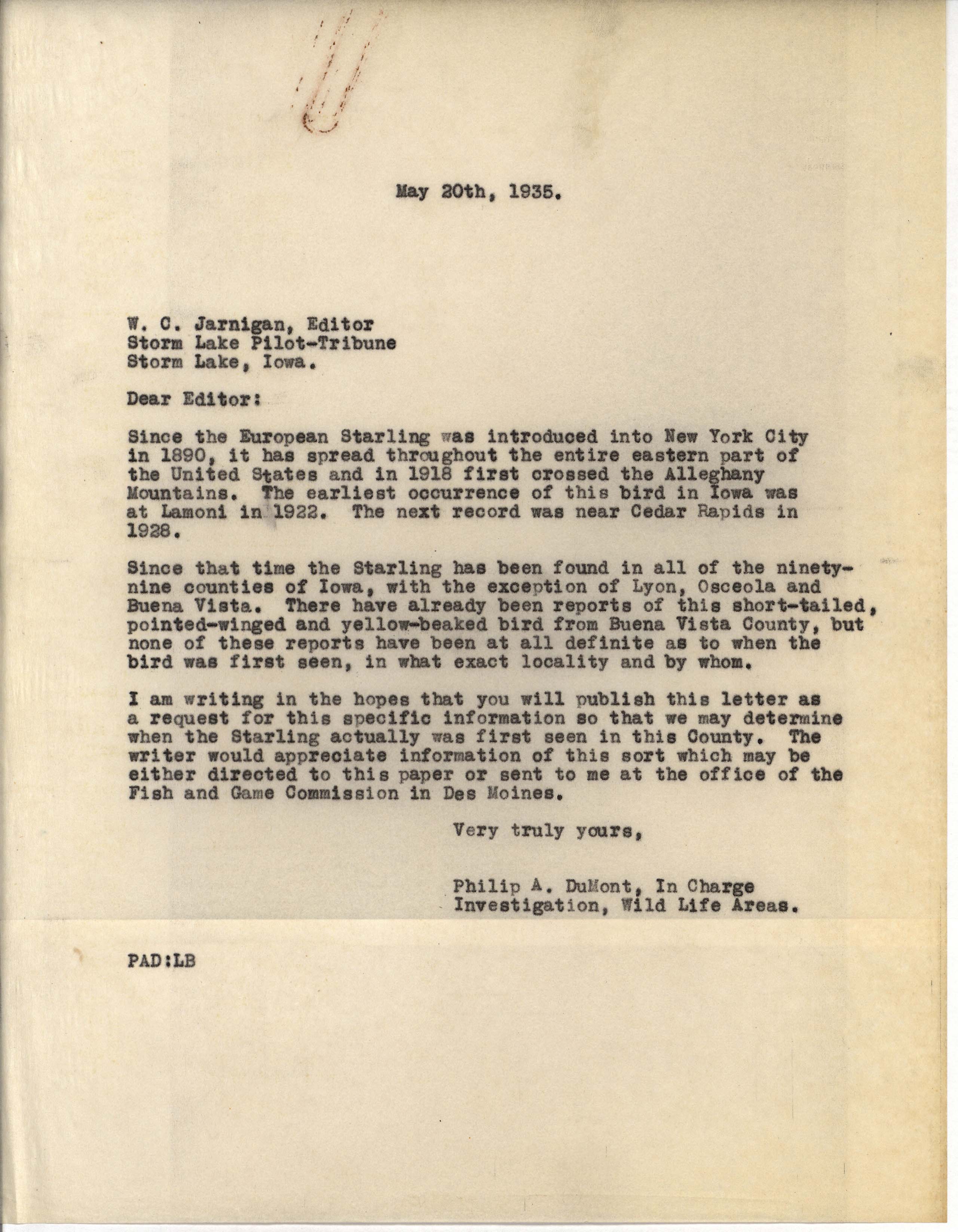 Philip DuMont letter to William Jarnagin regarding request for Starling information, May 23, 1935
