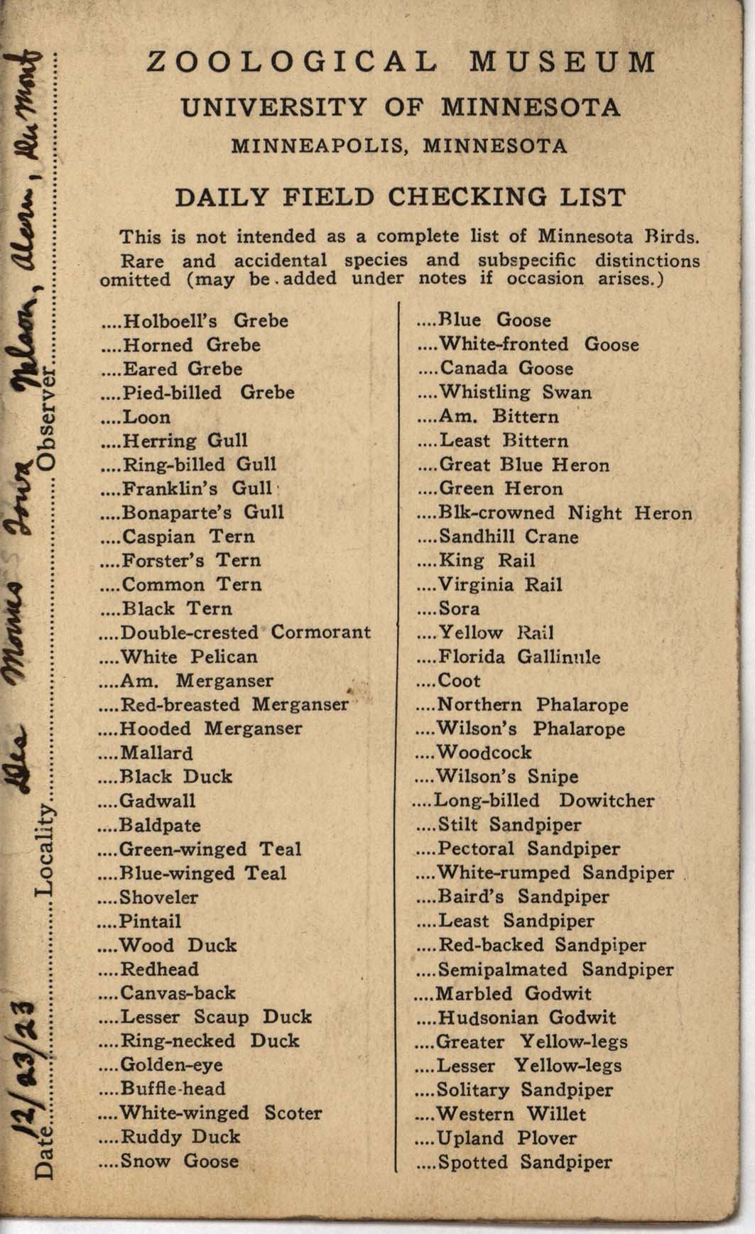 Daily field checking list, Philip DuMont, December 23, 1923