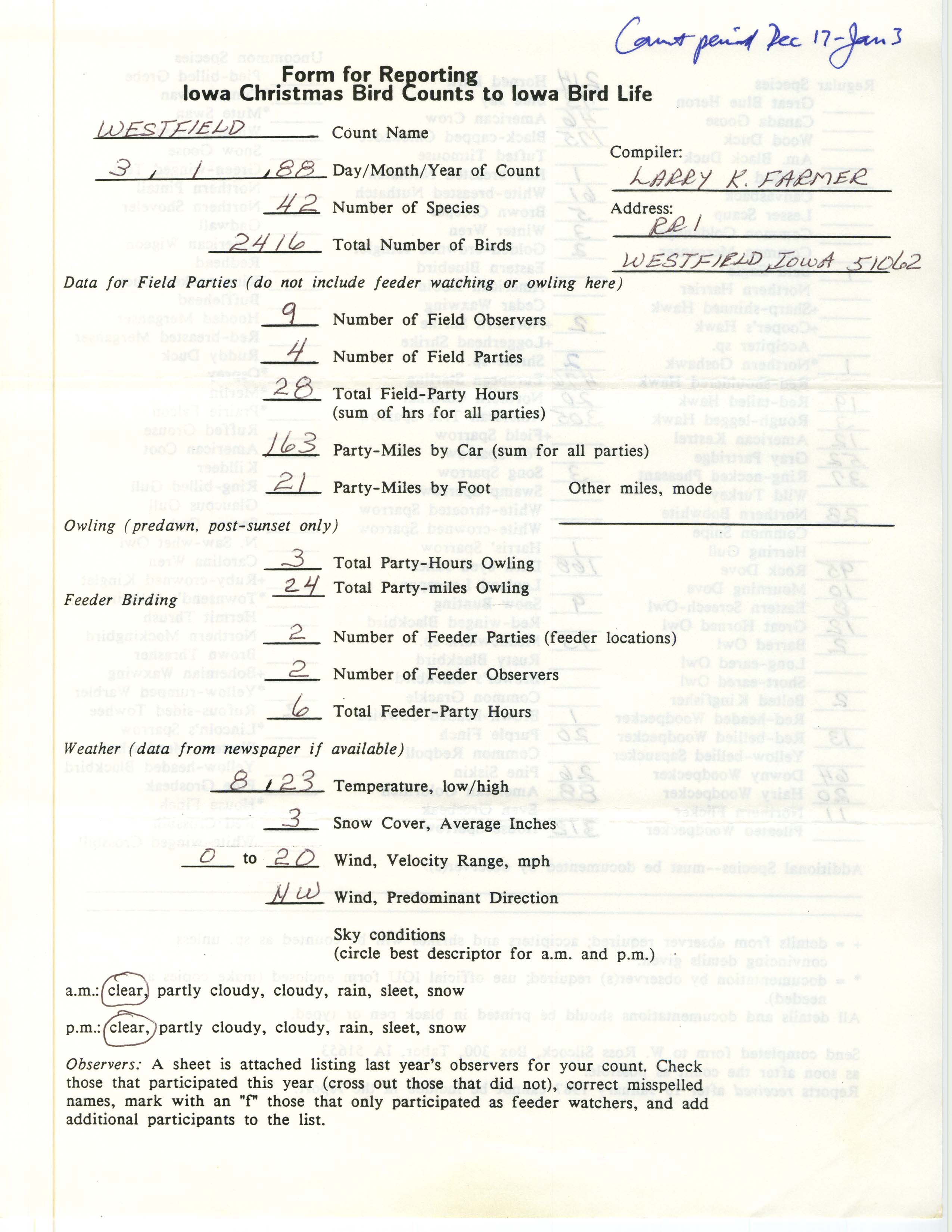 Form for reporting Iowa Christmas bird counts to Iowa Bird Life, Larry Farmer, March 1988