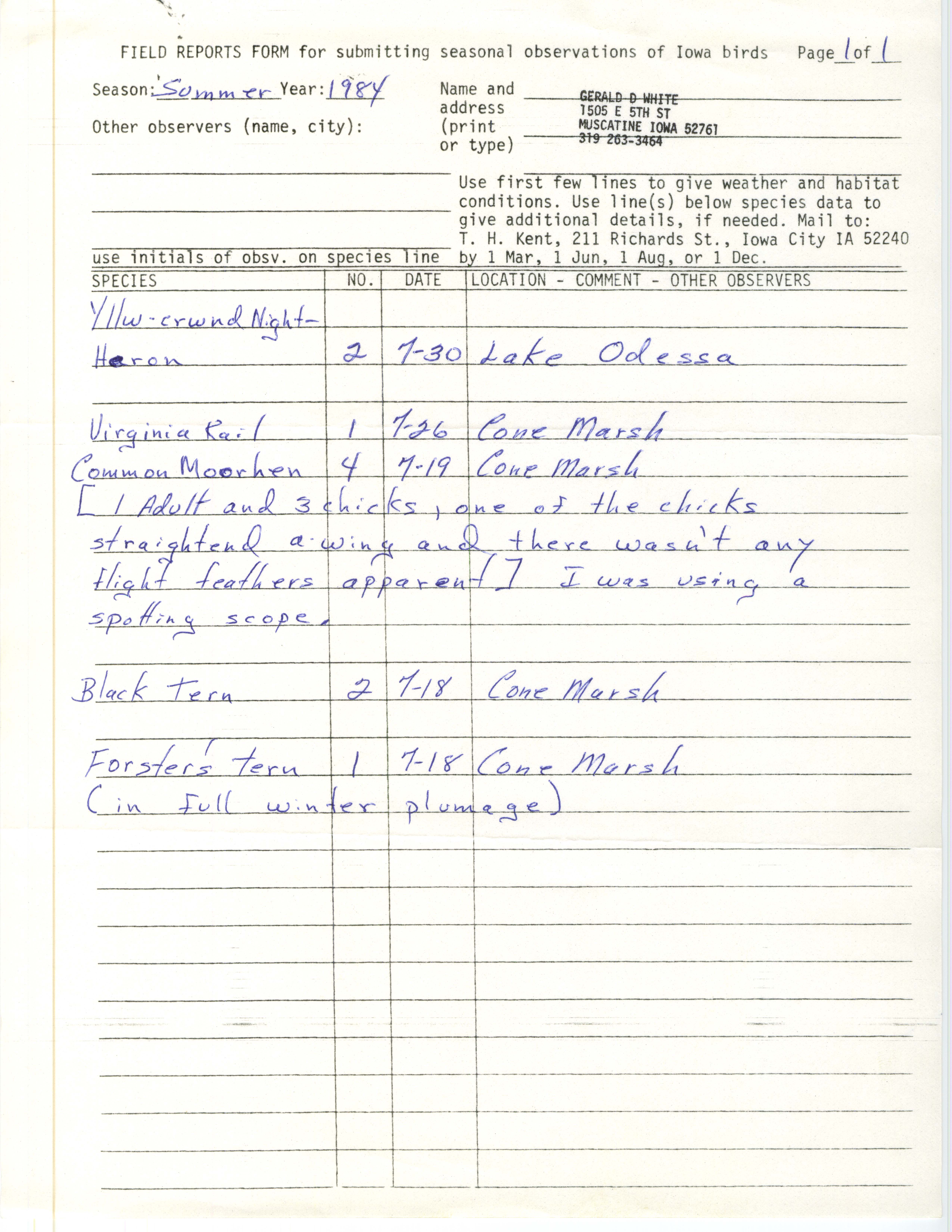 Field notes contributed by Gerald White, summer 1984