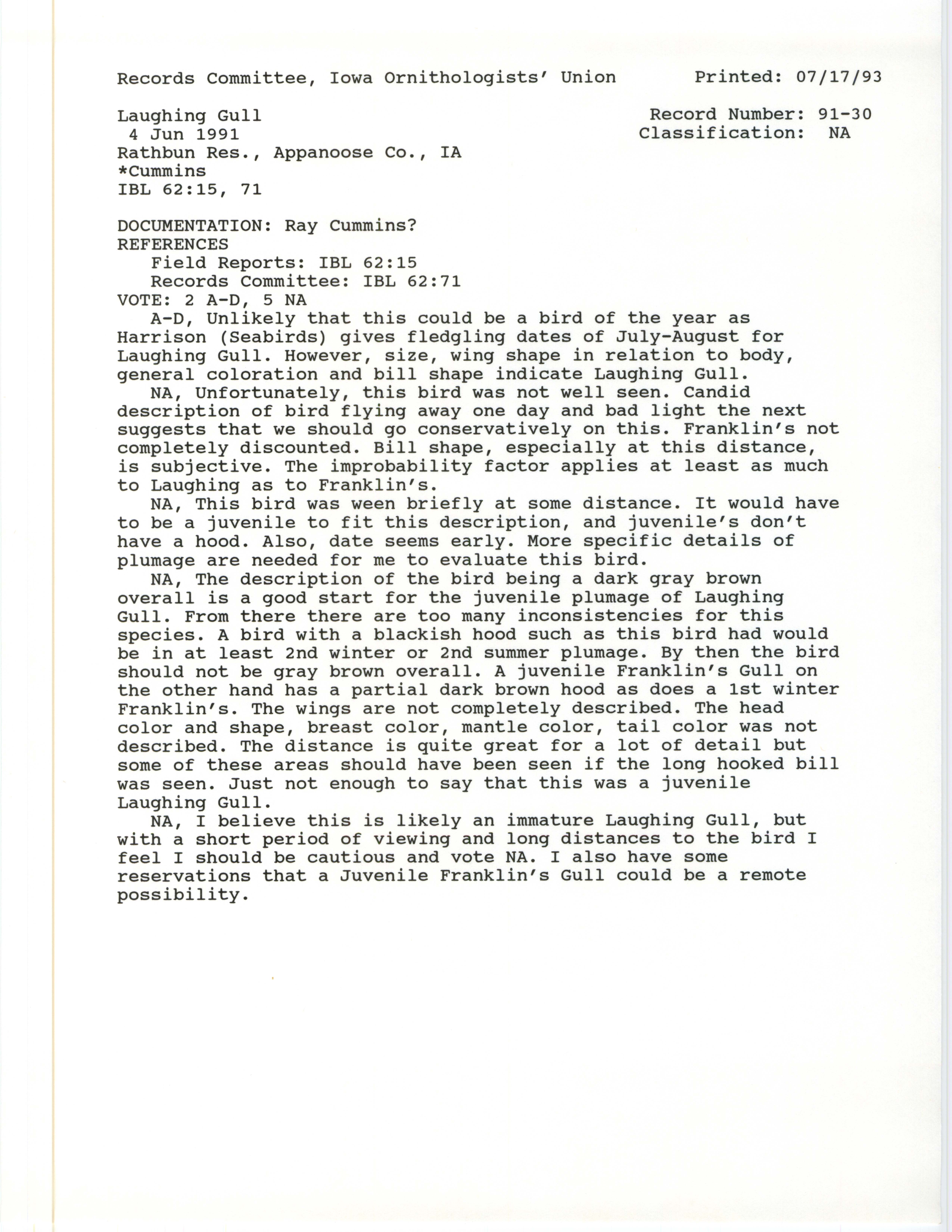 Records Committee review for rare bird sighting of Laughing Gull at Lake Rathbun, 1991