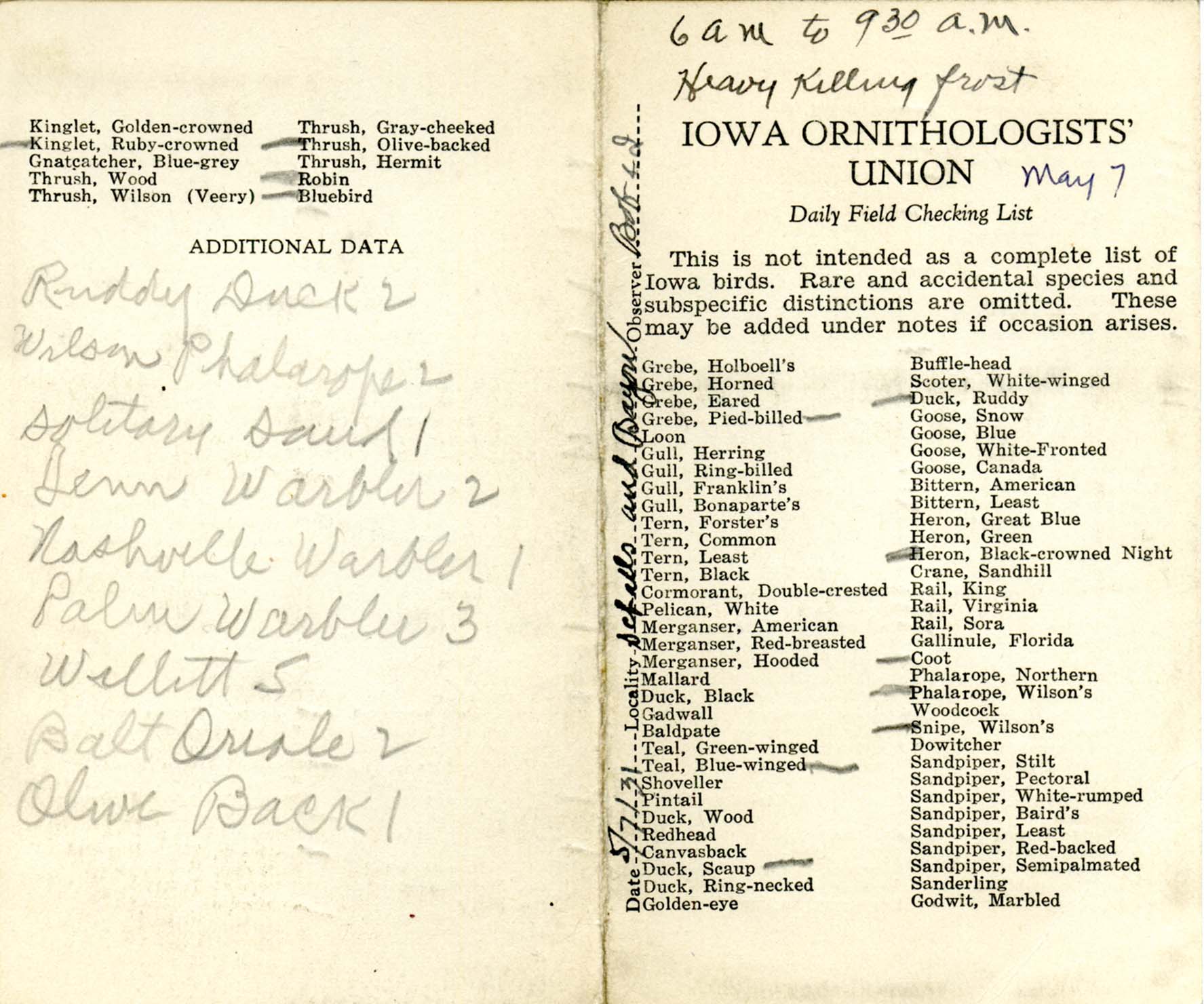 Daily field checking list, Walter Rosene, May 7, 1931