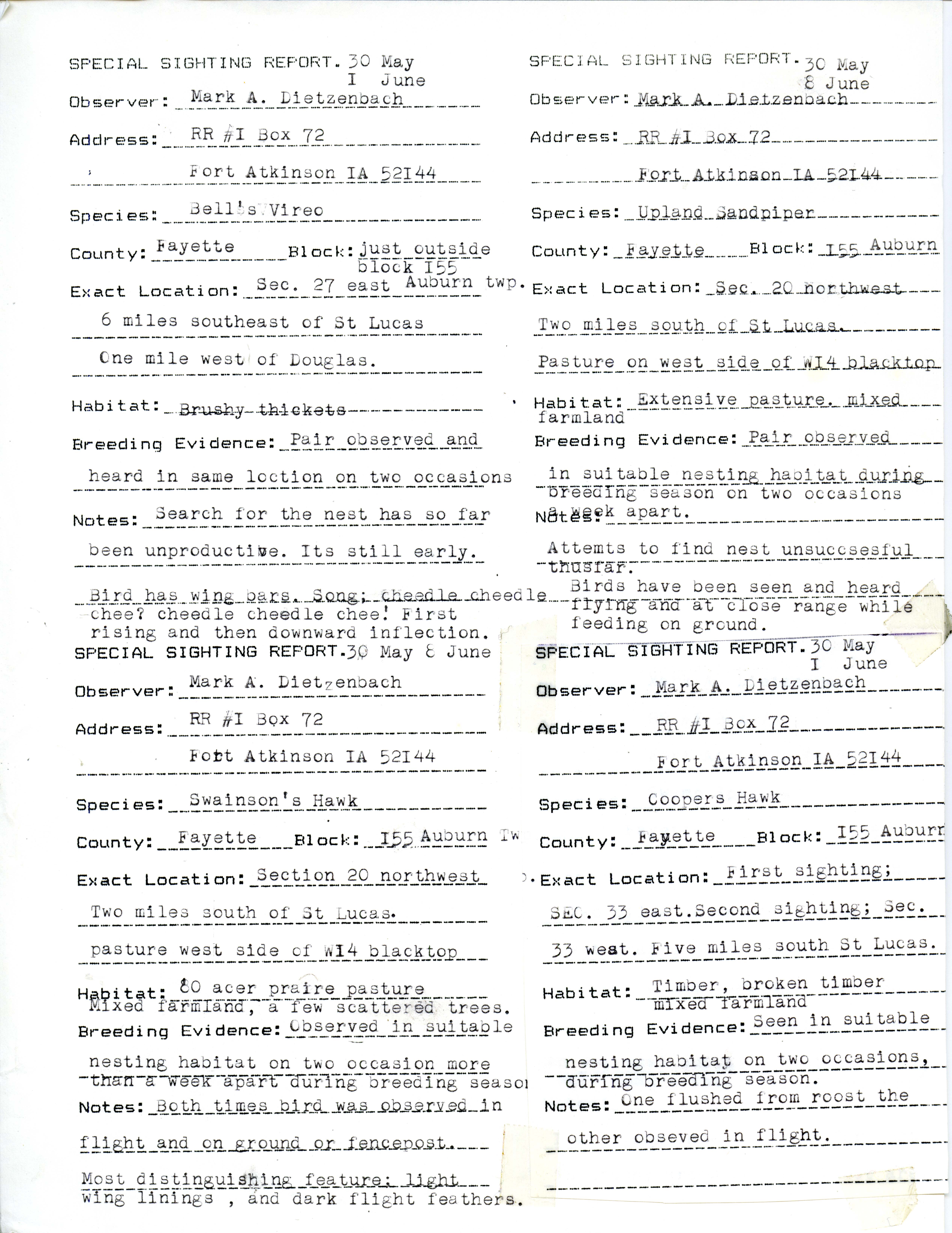 Special sighting reports, Mark A. Dietzenbach, summer 1987 