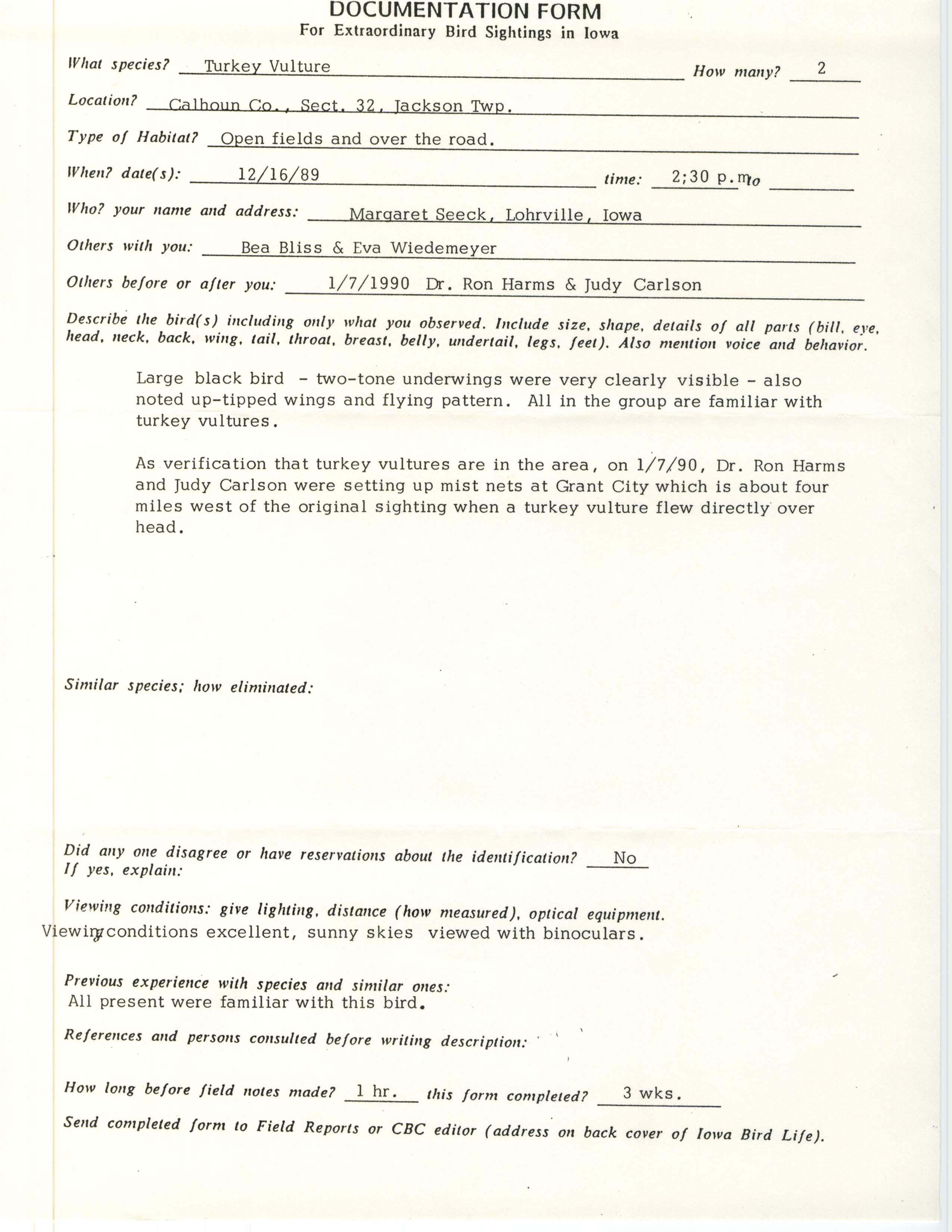 Rare bird documentation form for Turkey Vulture at Jackson Township in Calhoun County, 1989