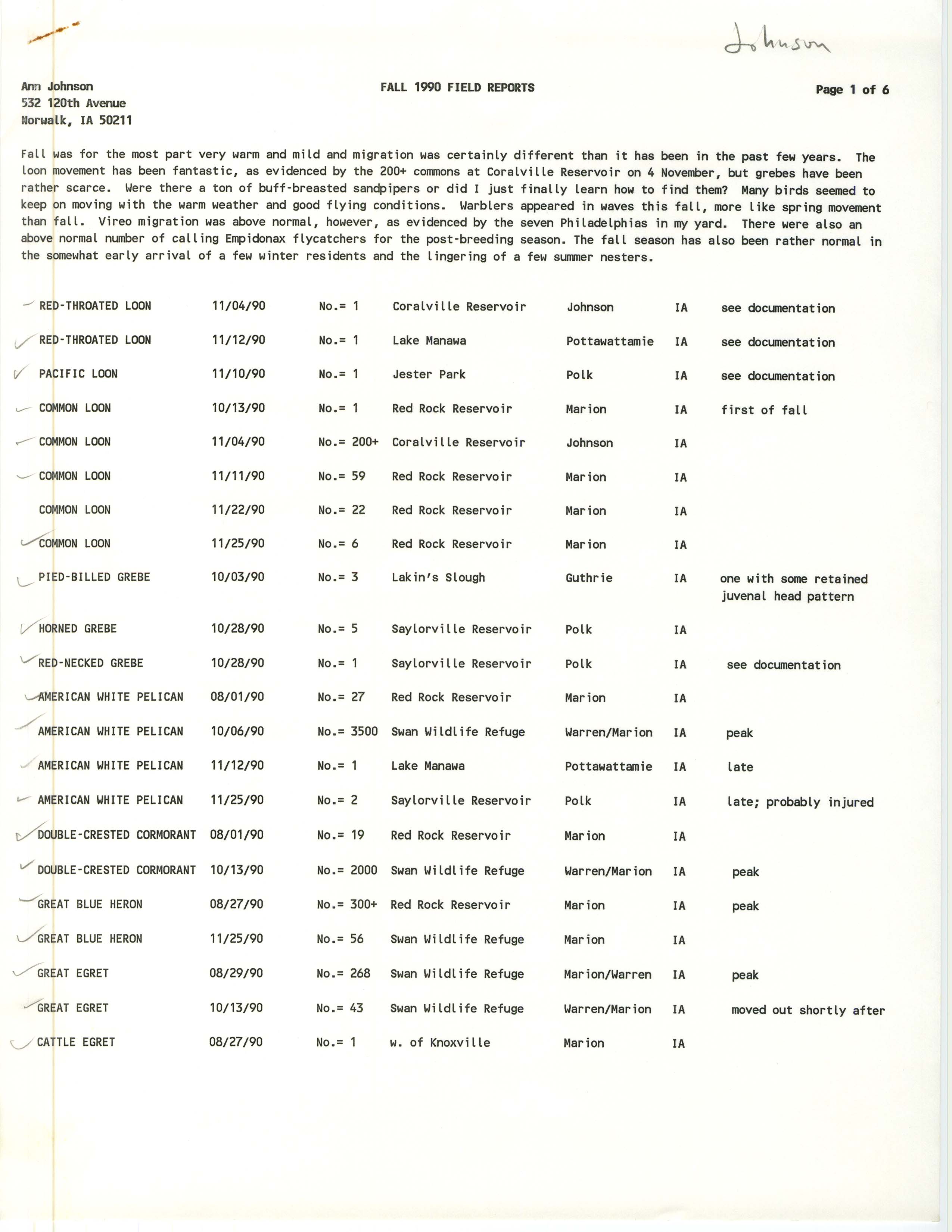 Field reports, Ann Johnson, fall 1990