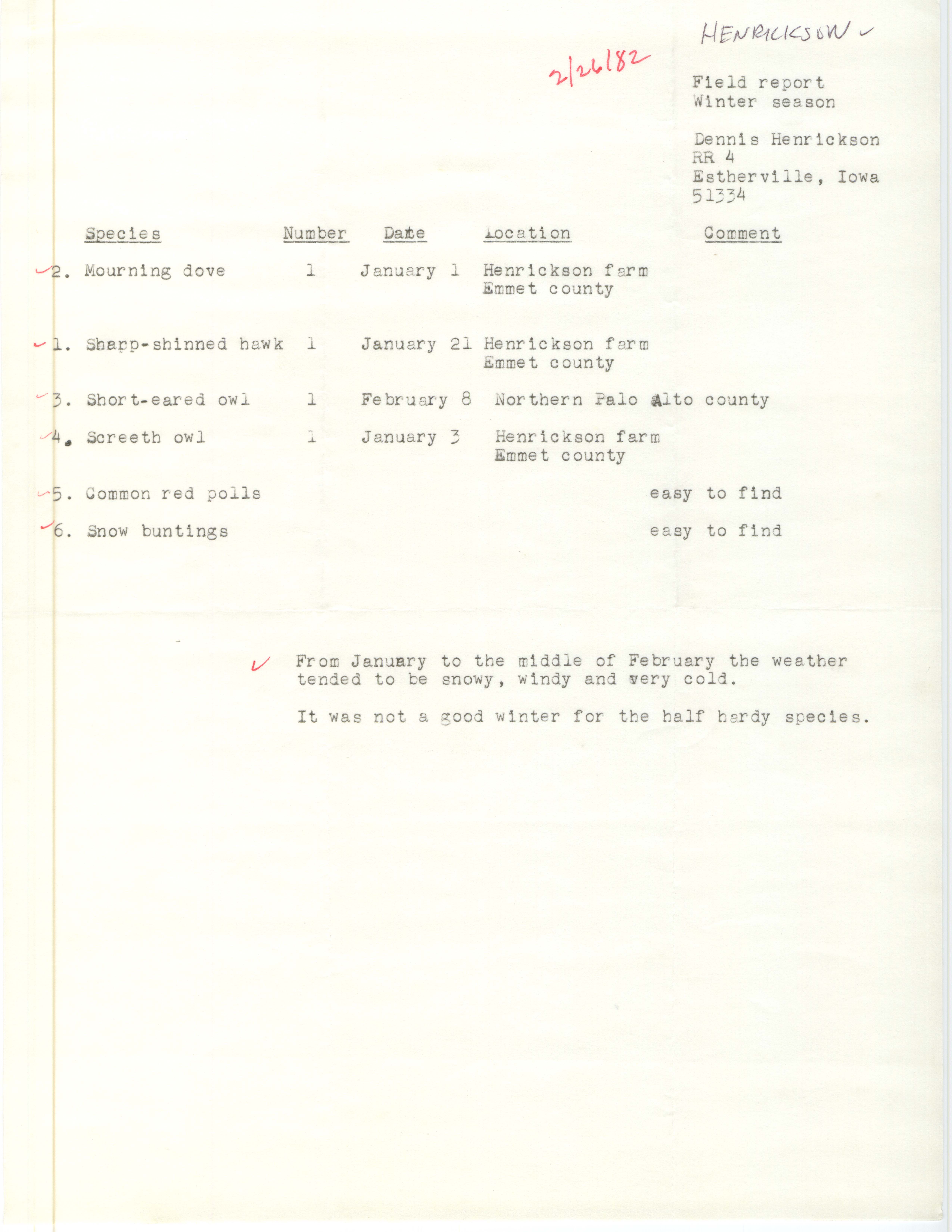 Field notes contributed by Dennis Henrickson, February 26, 1982