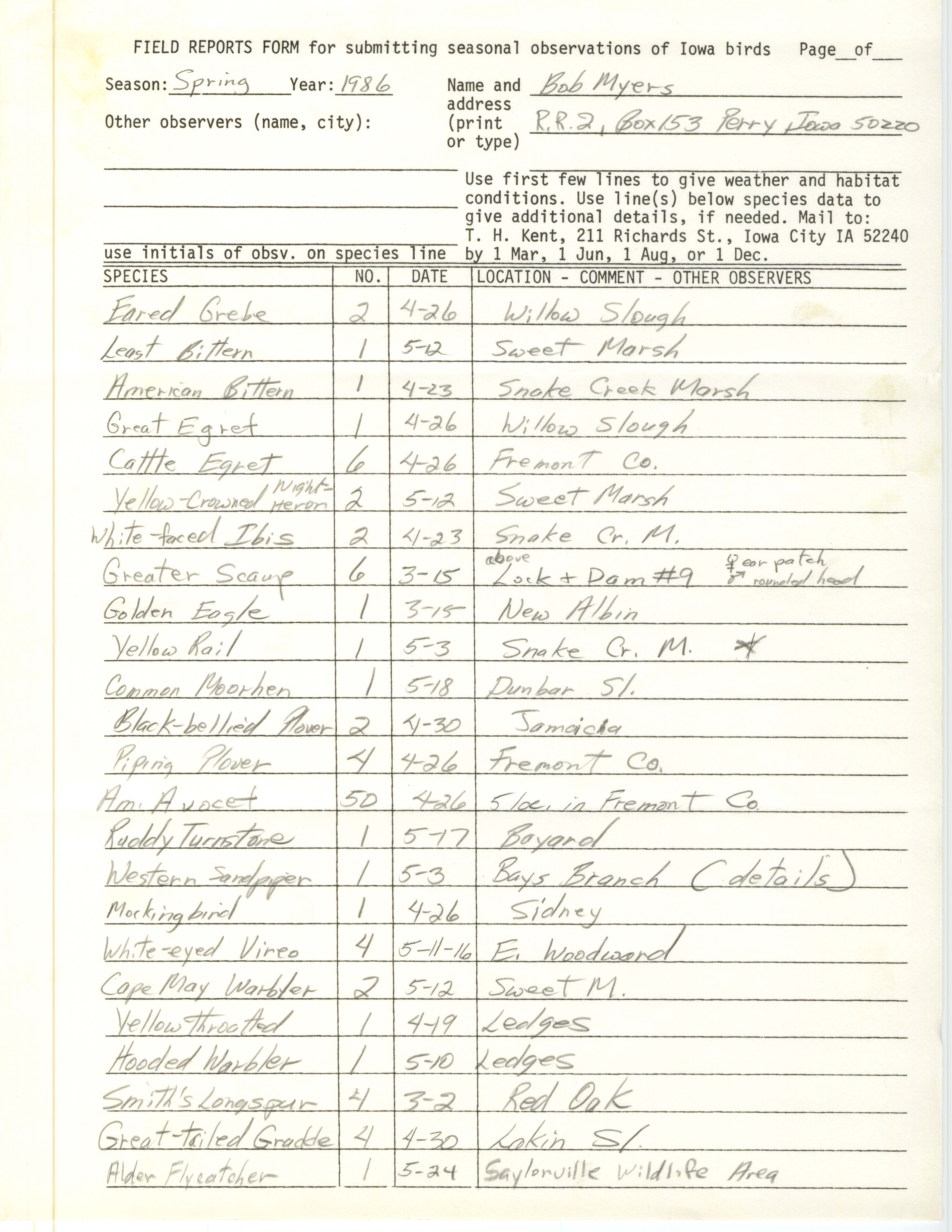 Field reports form for submitting seasonal observations of Iowa birds, Bob Myers, Spring 1986