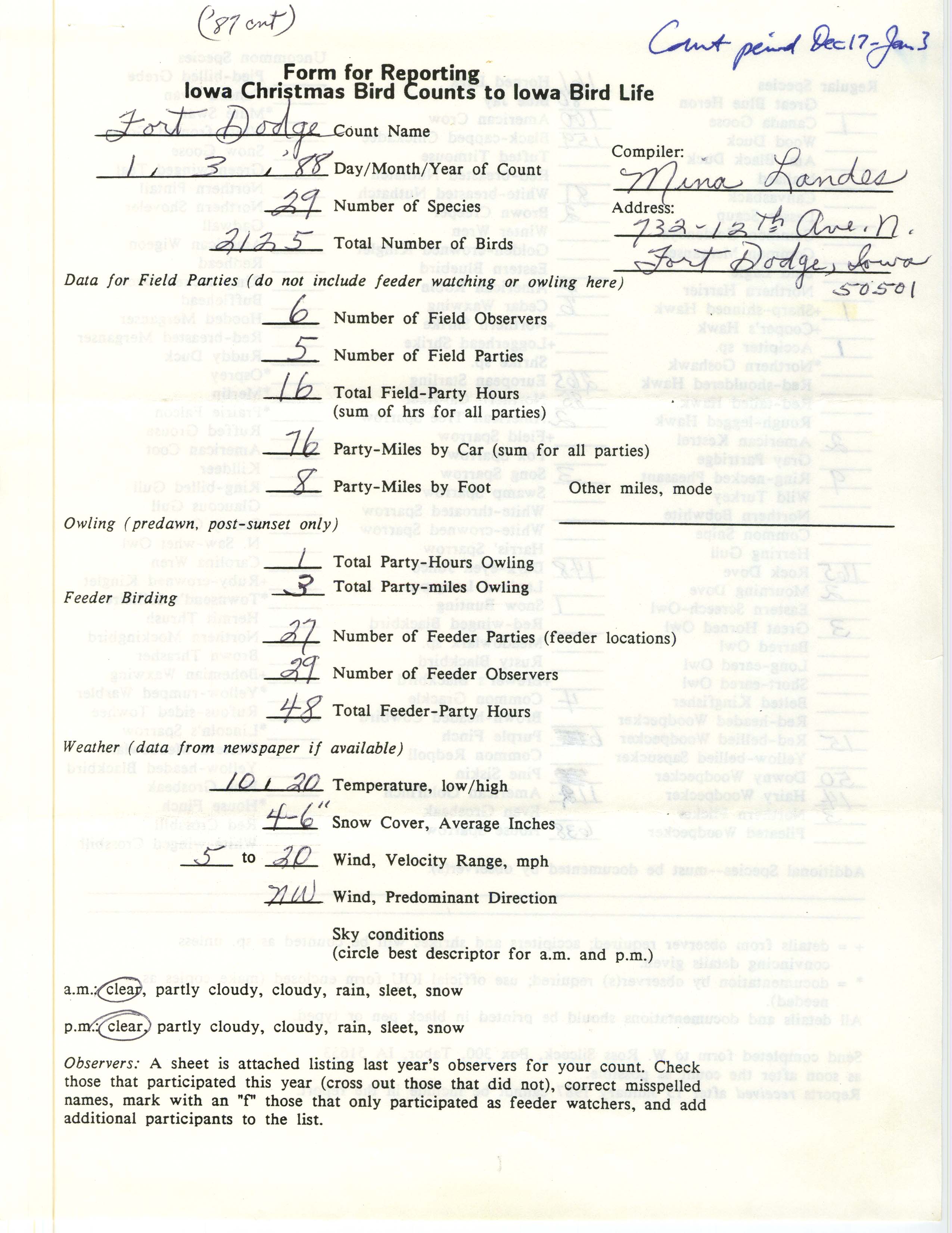 Form for reporting Iowa Christmas bird counts to Iowa Bird Life, Mina Landes, January 3, 1988