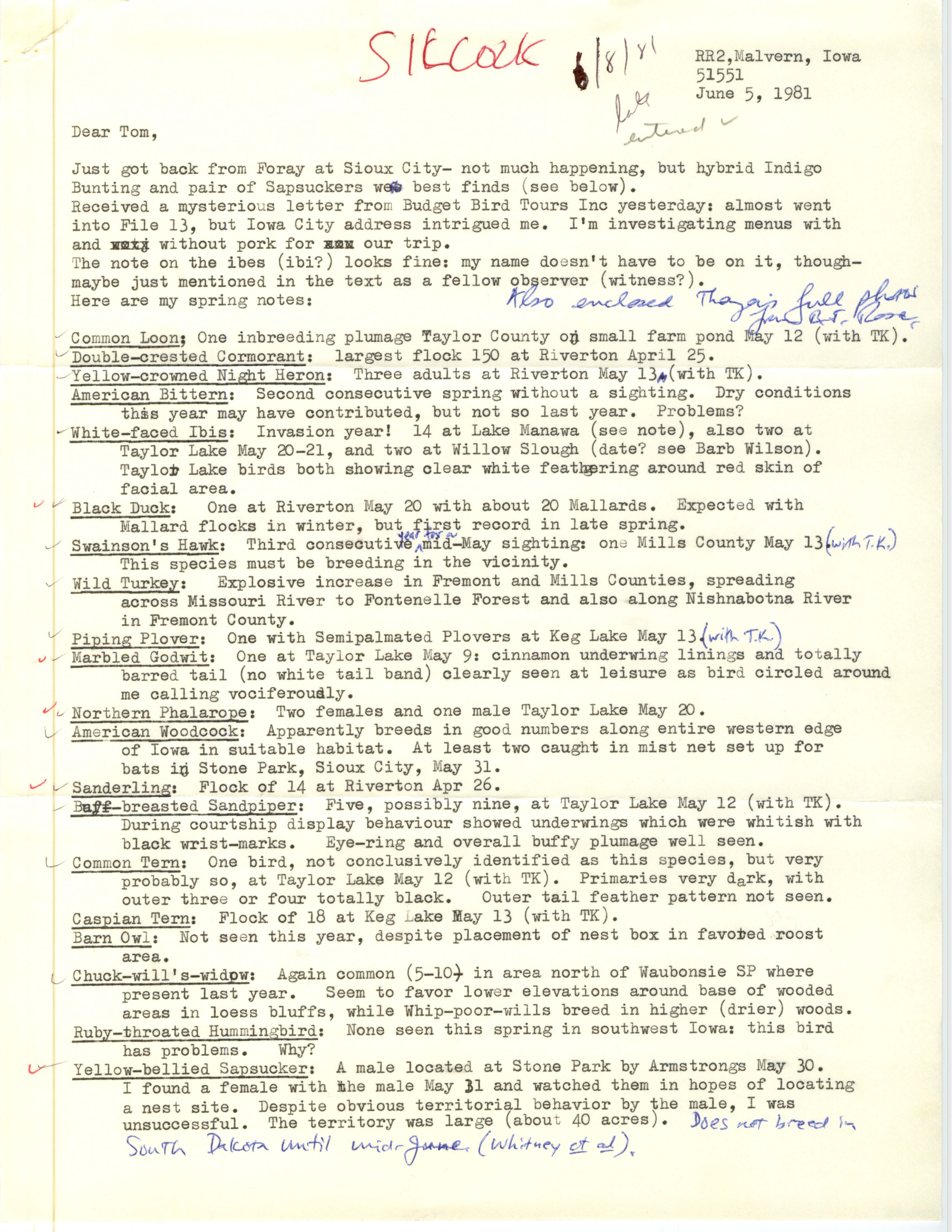 Ross Silcock letter to Thomas Kent regarding spring notes, June 5, 1981