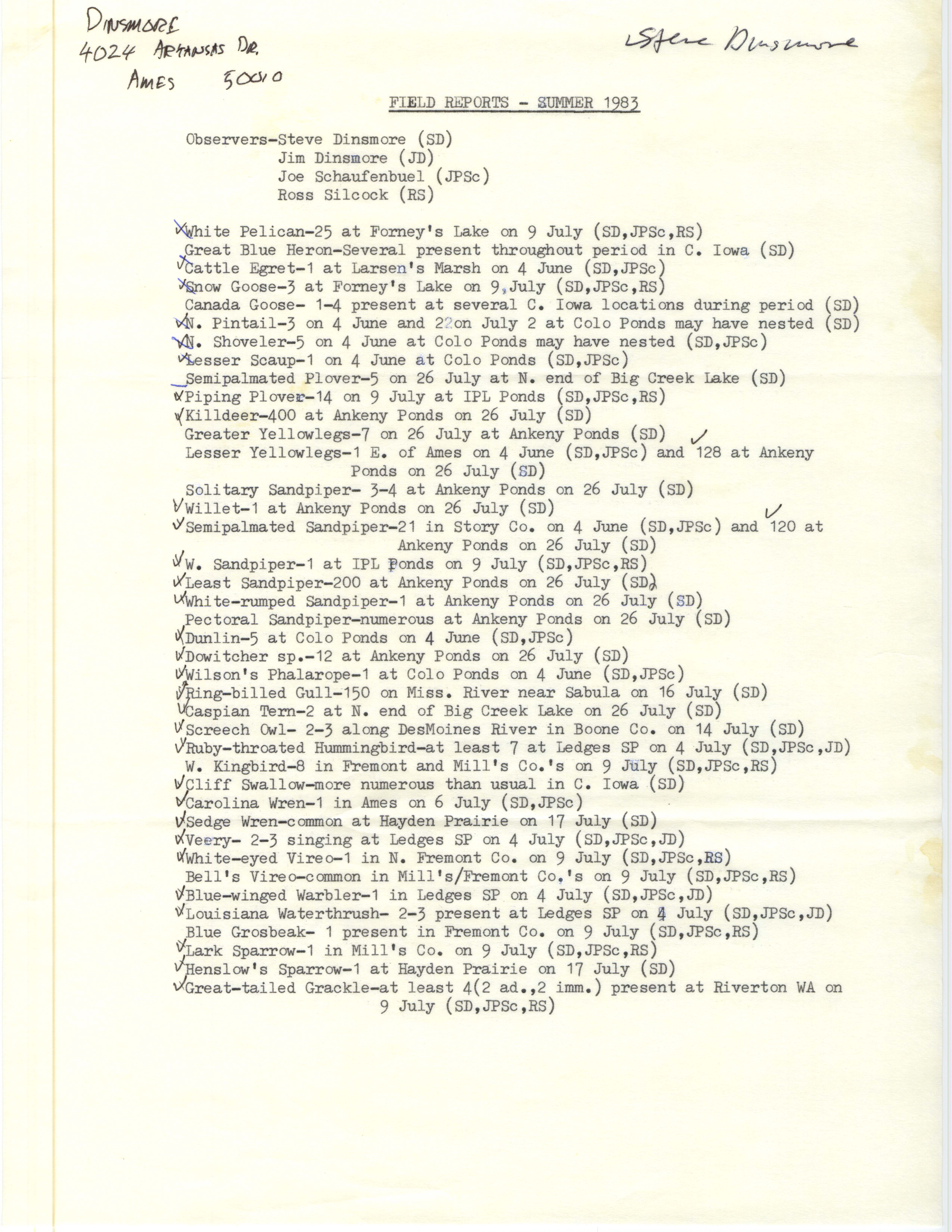 Field reports, Summer 1983